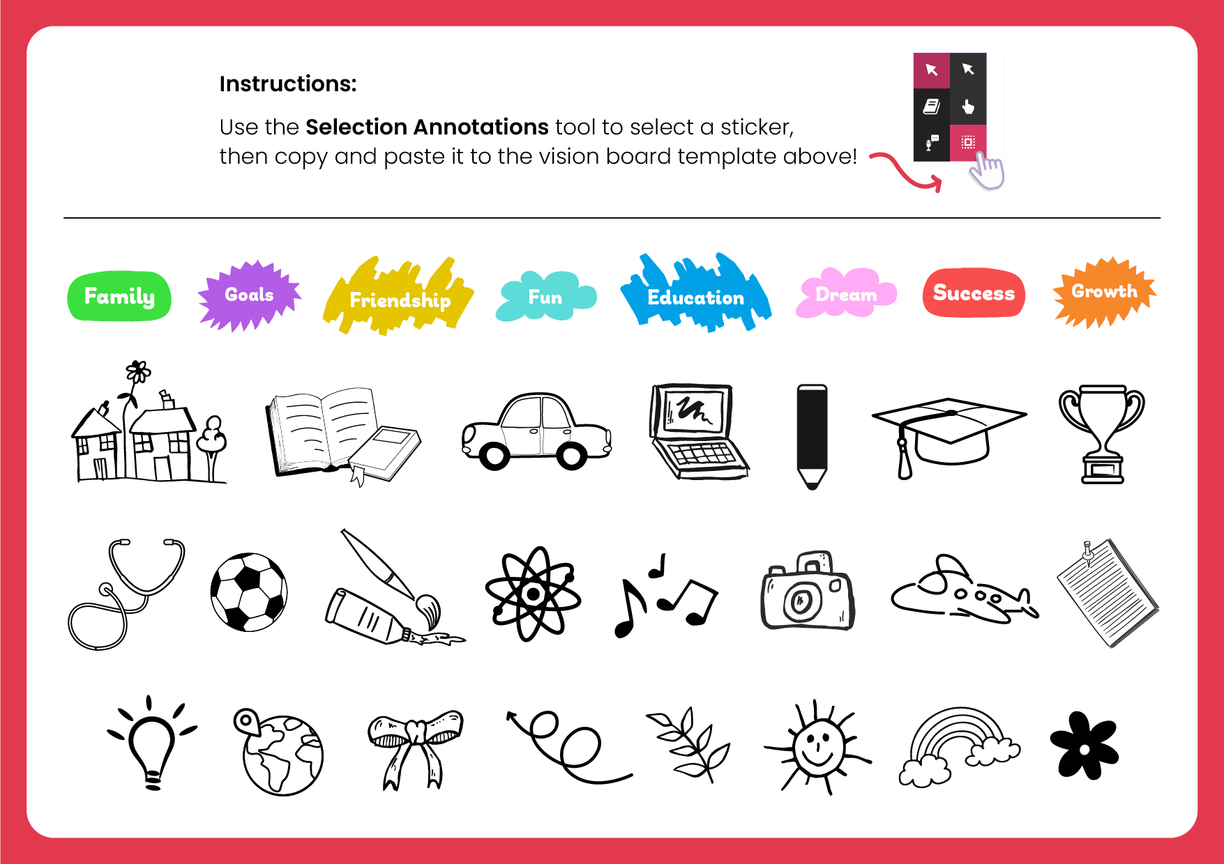 A interactive vision board for 4th-12th graders with a sticker pack