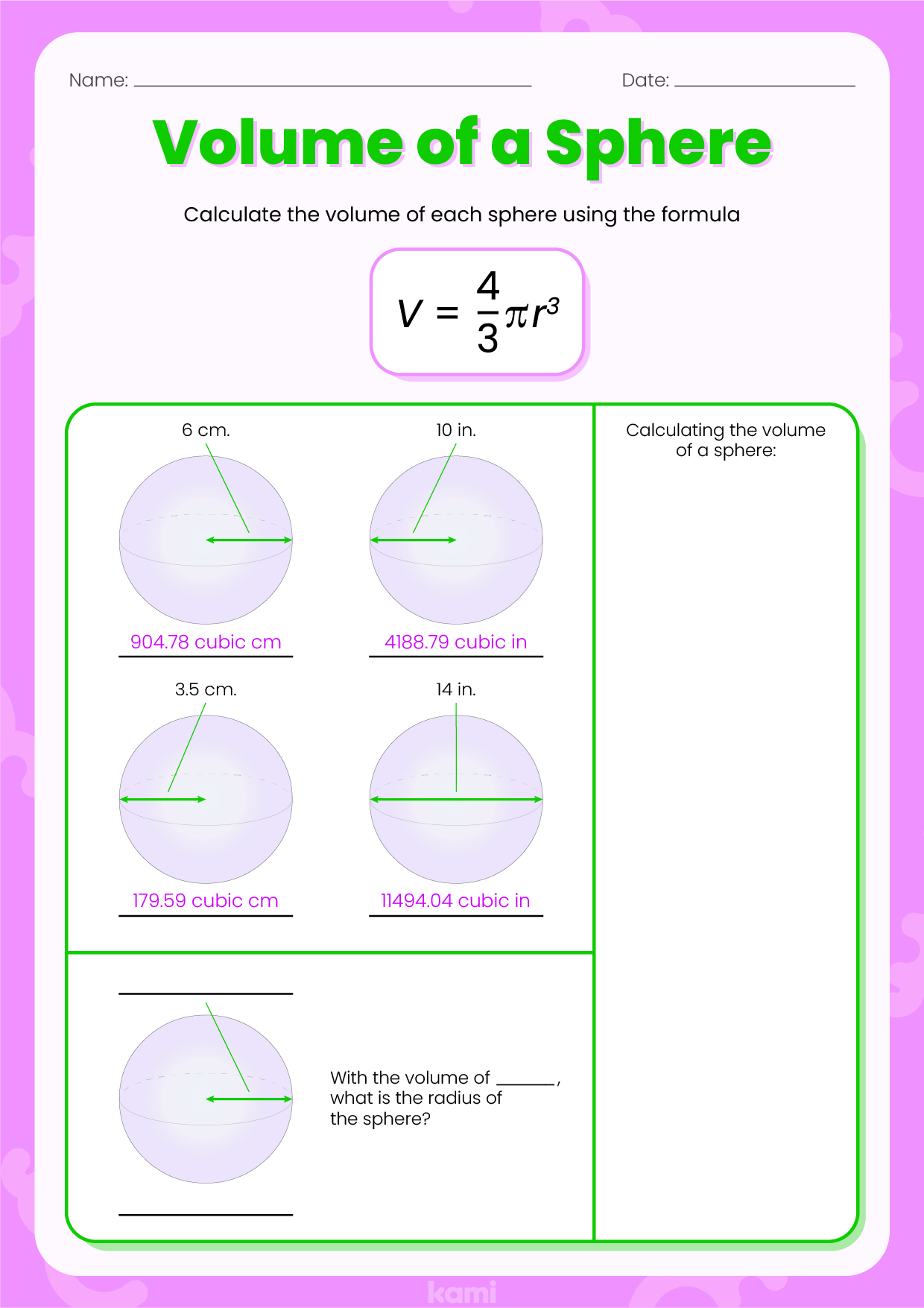 Volume of a Sphere Purple Answer Key for Teachers Perfect for grades 10th, 11th, 12th, 6th