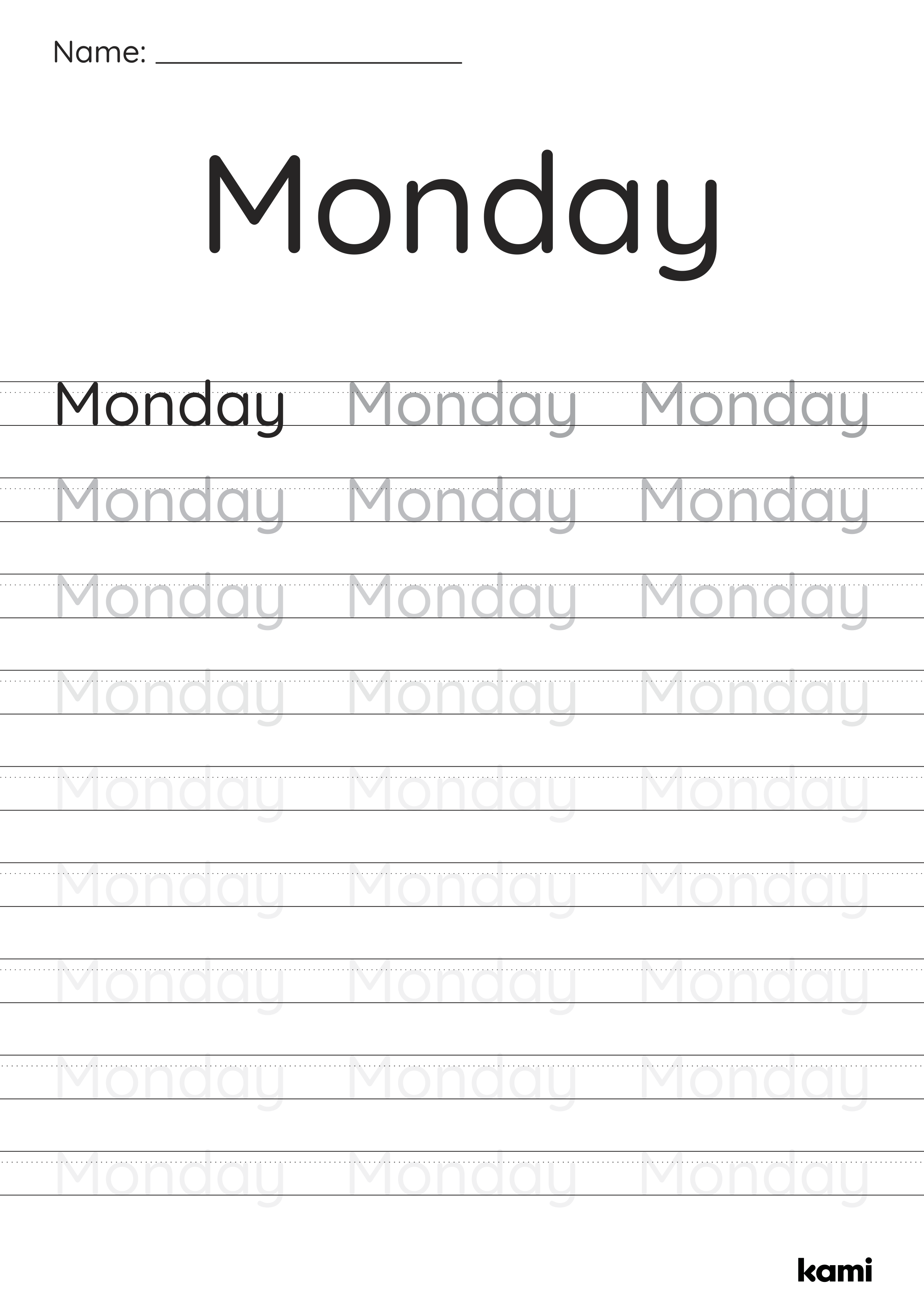 A handwriting worksheet for Pre-K - 1st graders with a days of the week design