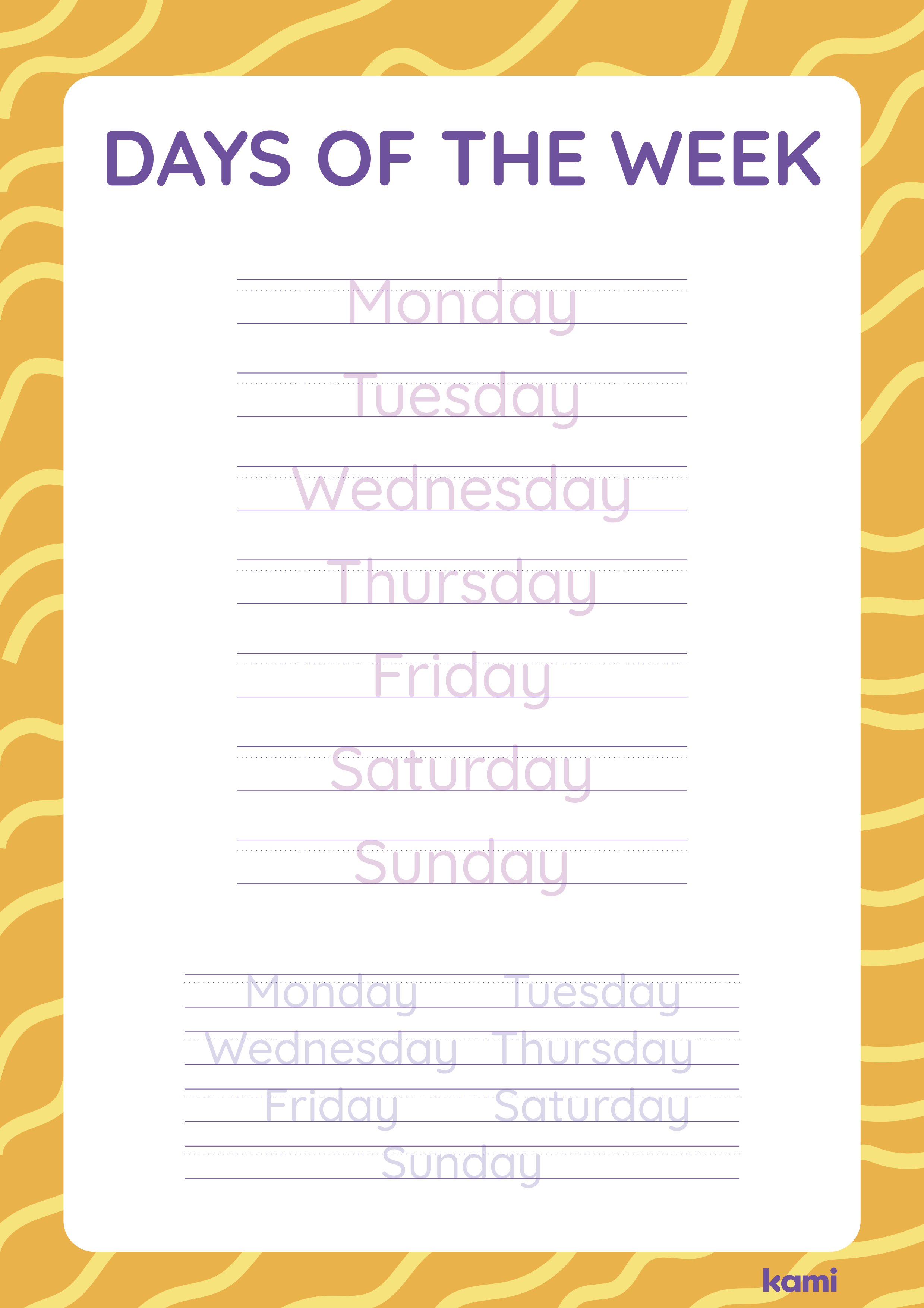 A handwriting worksheet for Pre-K - 1st graders with a days of the week design