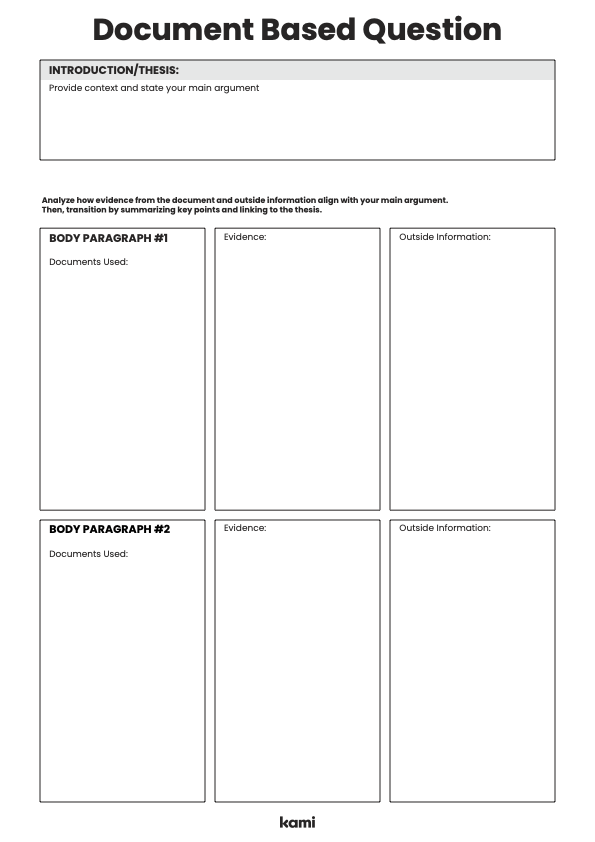 A outline for essay writing with a document based question.