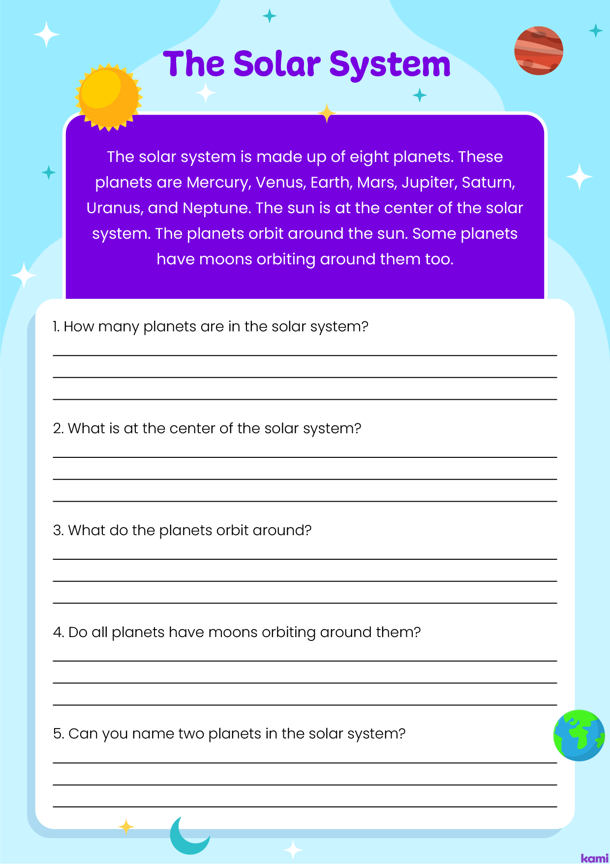 reading comprehension solar system