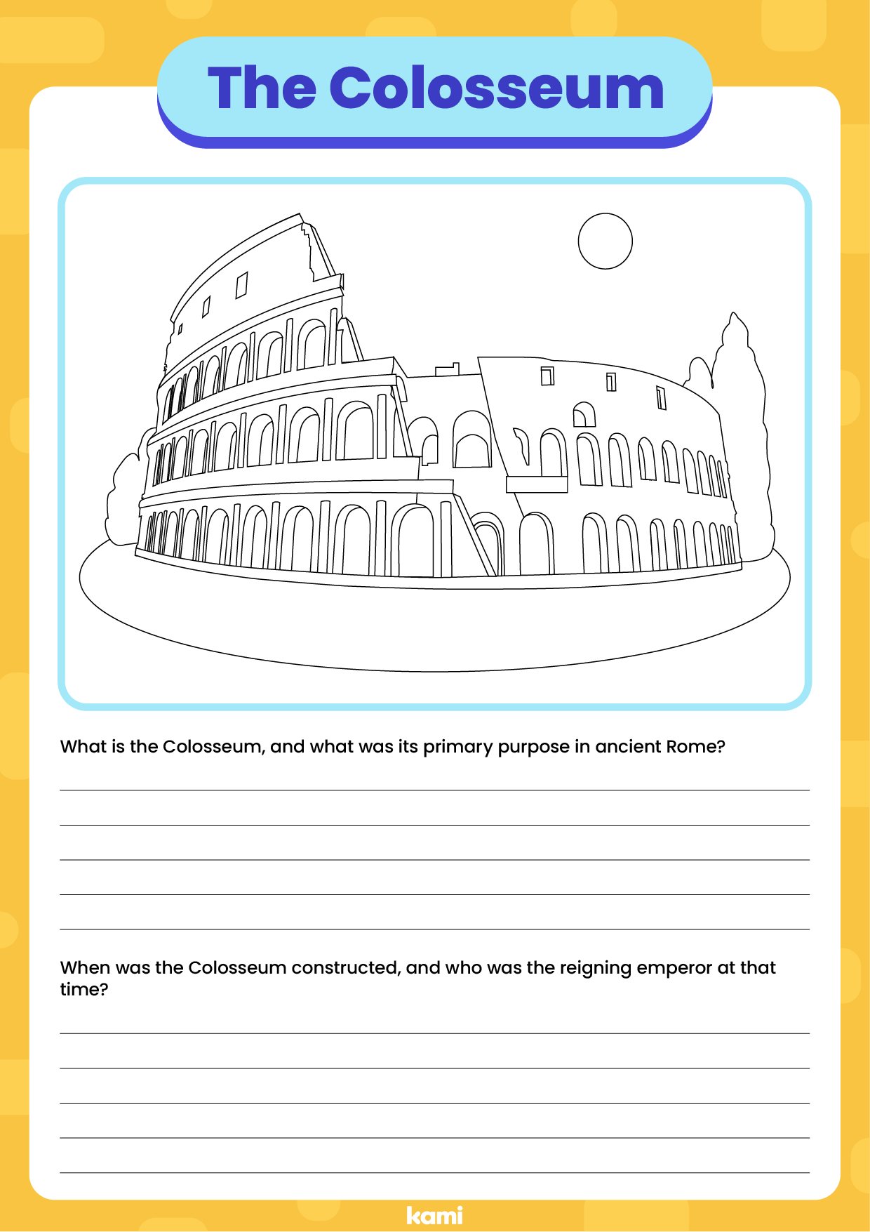 A worksheet for researching with a set of questions about the Colosseum