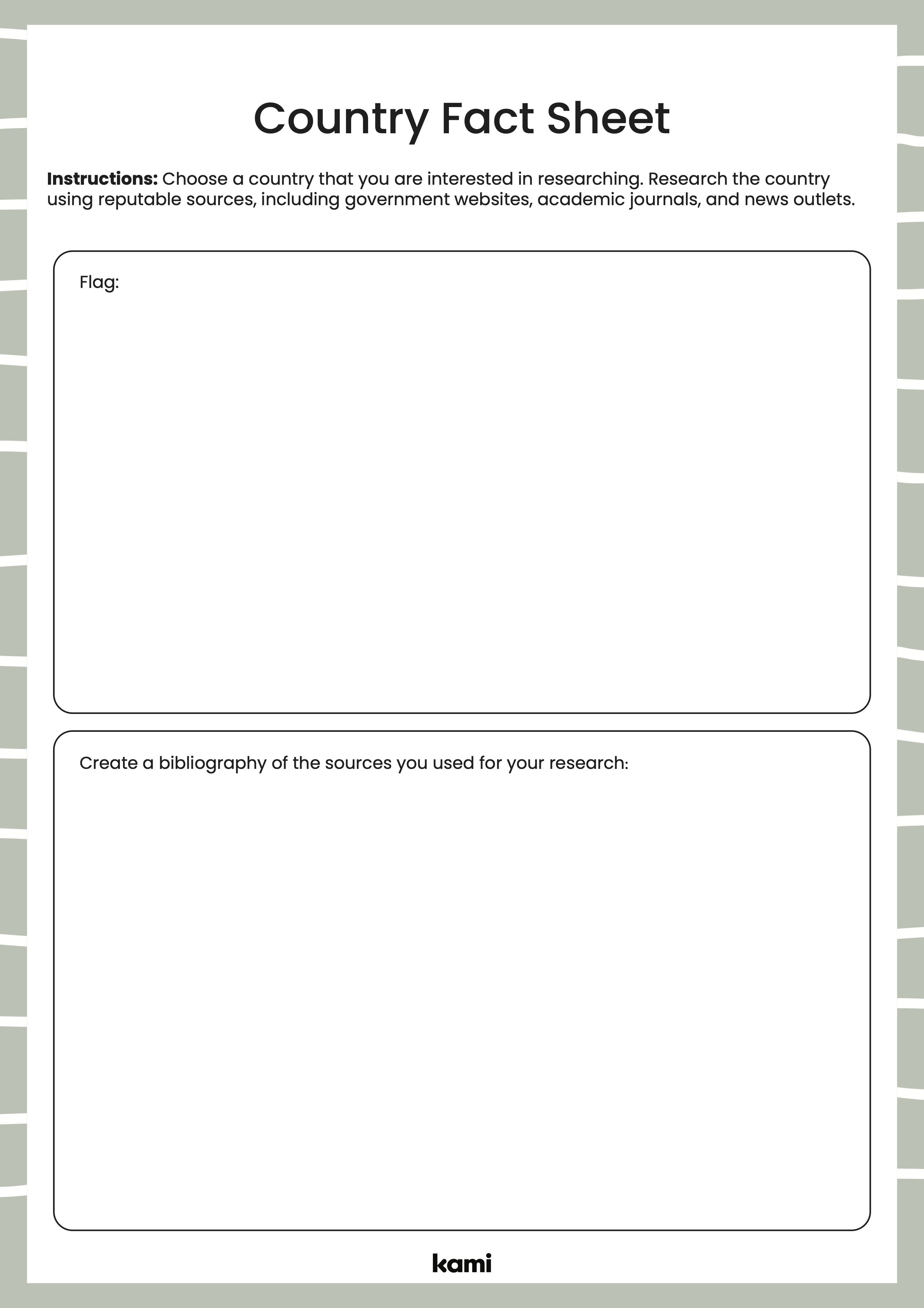 A country fact sheet for researching with a prompts exercise to get you started.