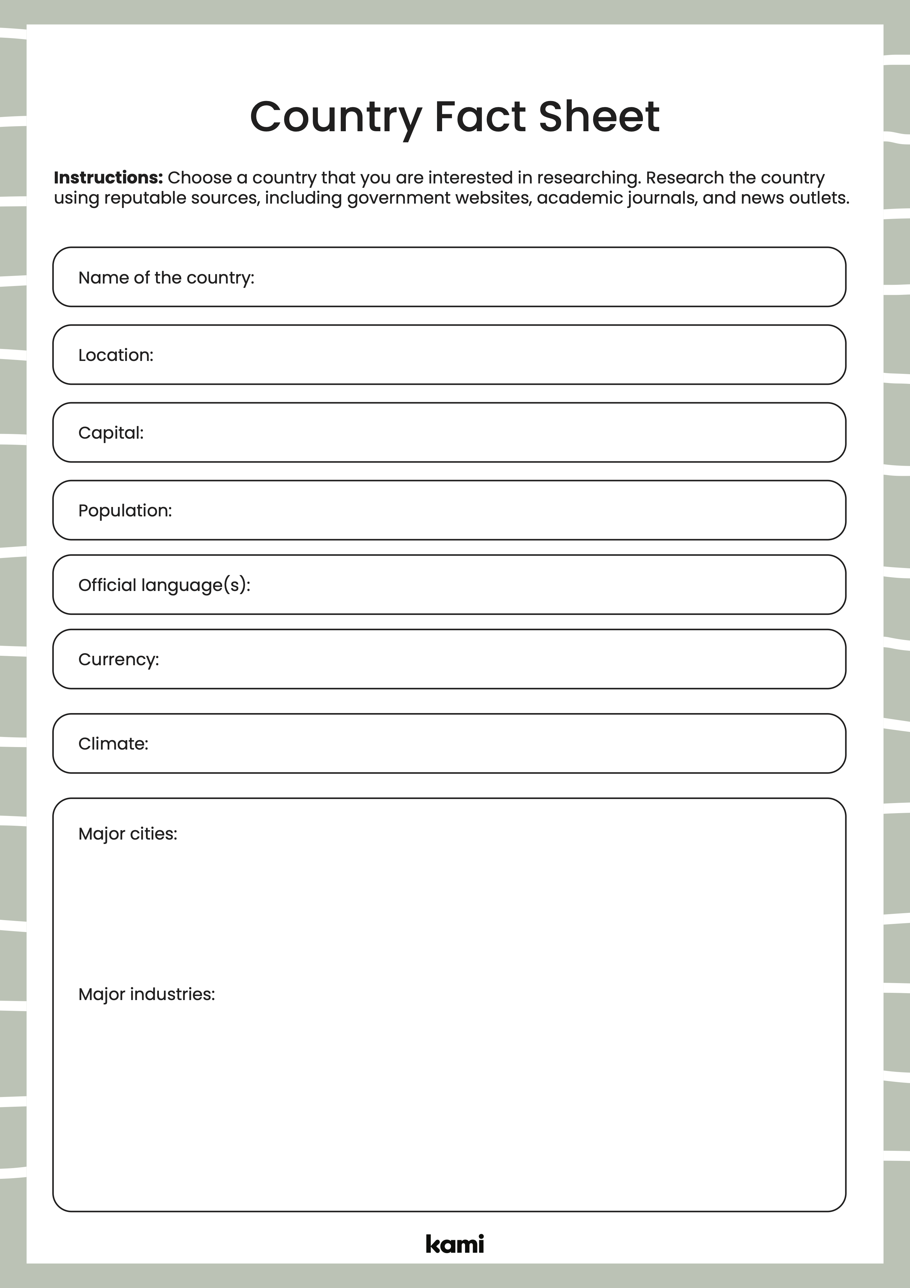 Country Fact Sheet for Teachers Perfect for grades 10th, 11th, 12th