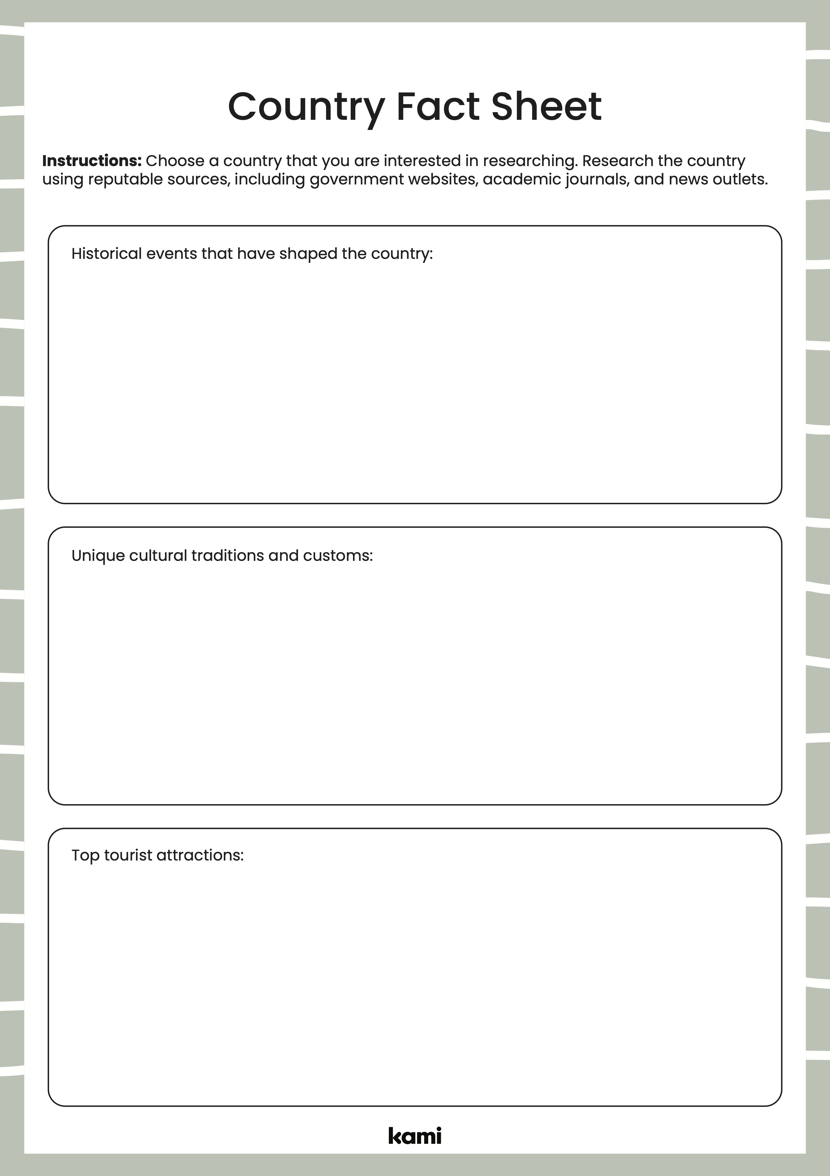 A country fact sheet for researching with a prompts exercise to get you started.