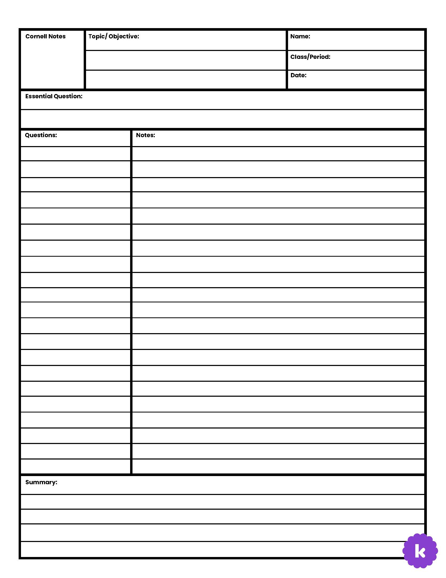 Cornell Note Taking Template simple (Instant Download) 