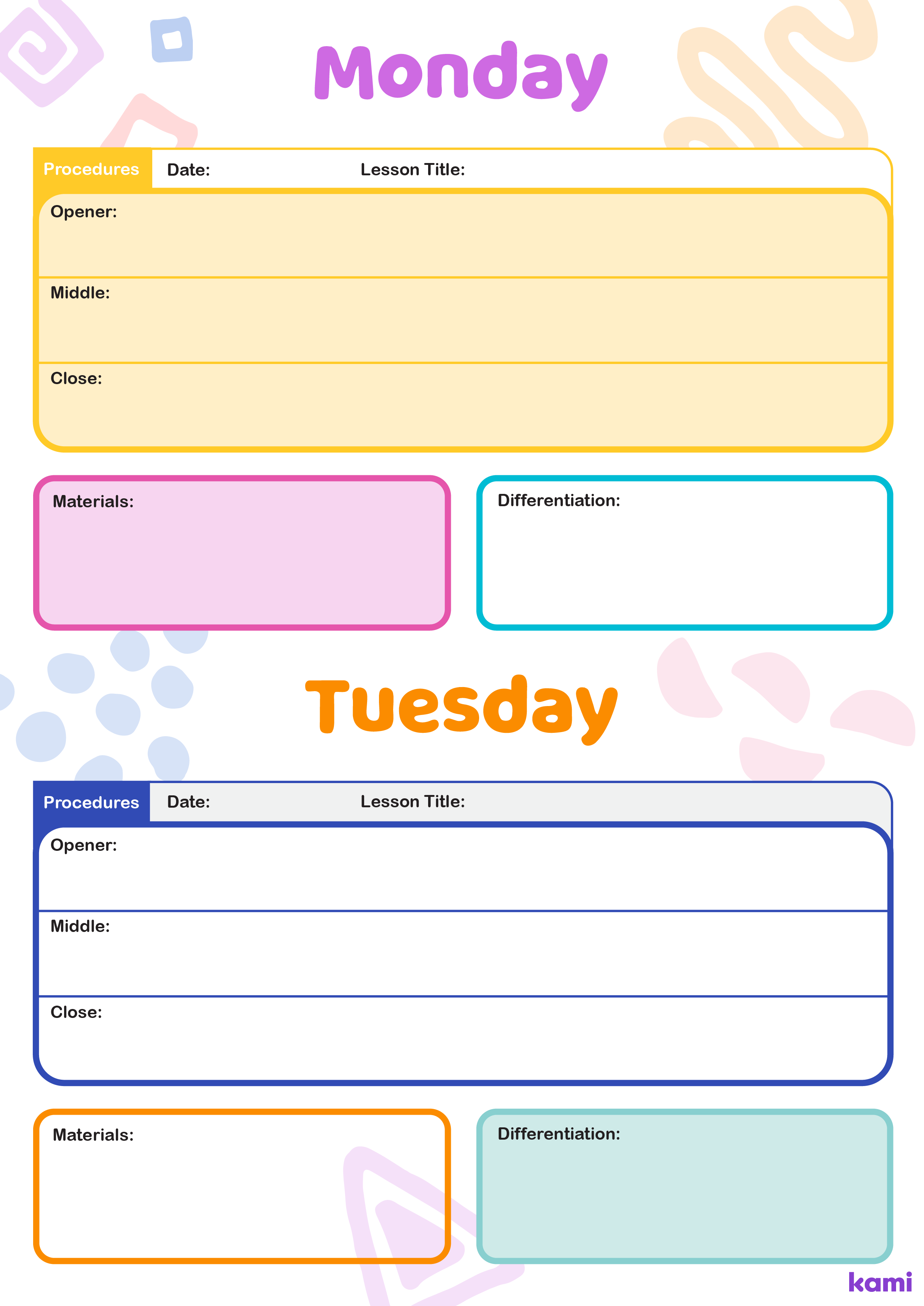 A Weekly Overview Lesson Plan for Teachers with a Colorful Boxes Theme