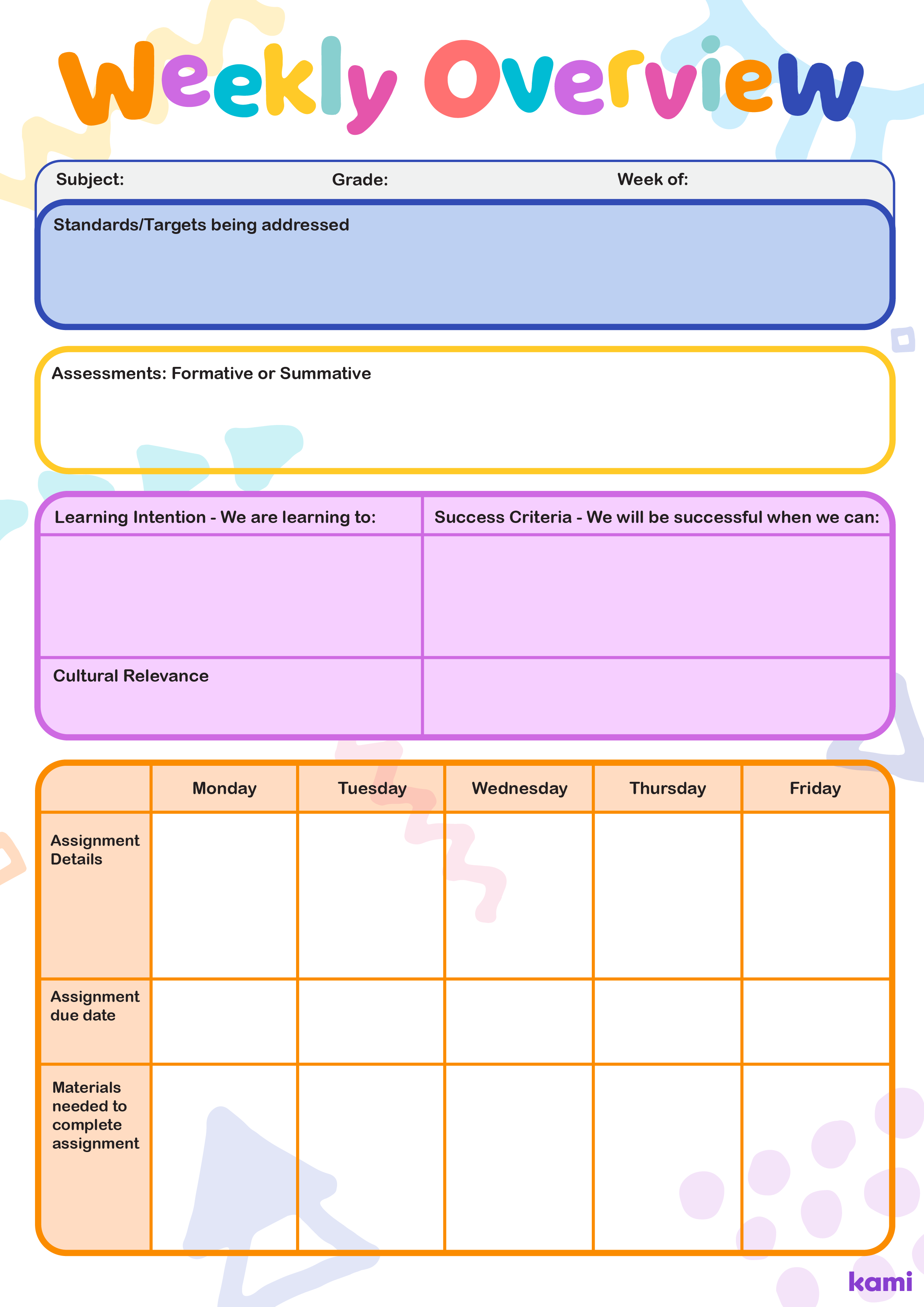 A Weekly Overview Lesson Plan for Teachers with a Colorful Boxes Theme