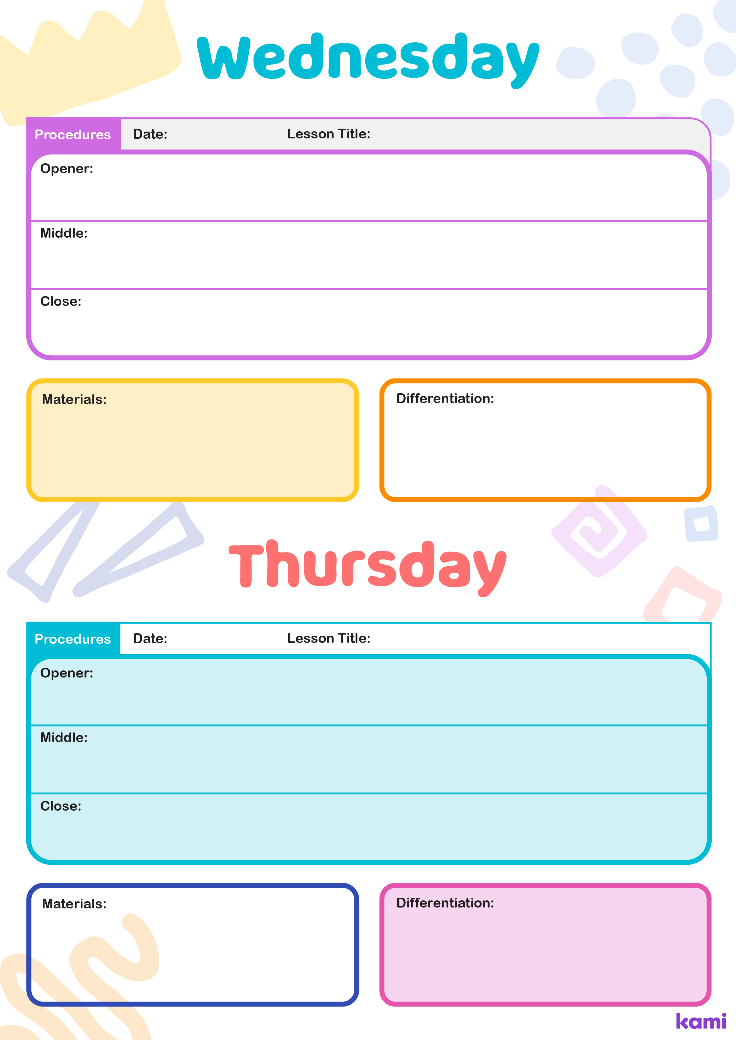 A Weekly Overview Lesson Plan for Teachers with a Colorful Boxes Theme