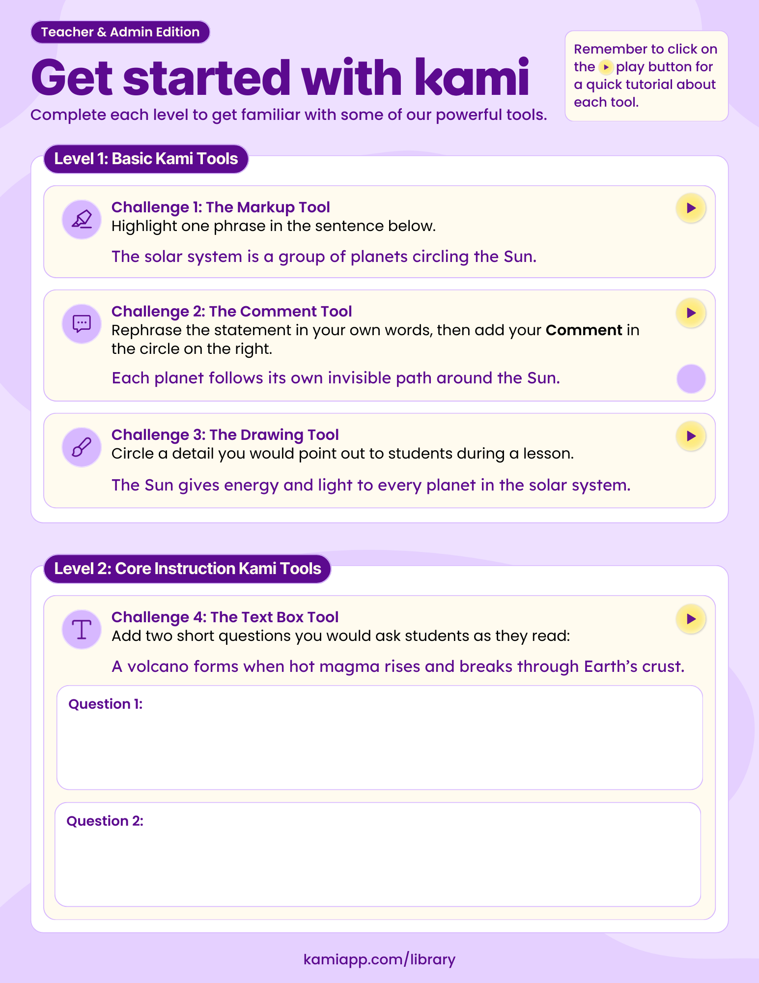 A multistep worksheet titled “Get started with Kami,” featuring Level 1 and Level 2 challenges that include markup, comments, drawing, and text box tasks using example science sentences. Includes small play icons for tool tutorials.