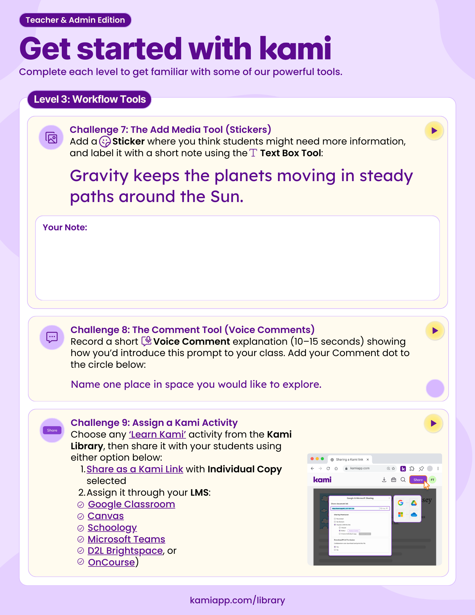 Level 3 workflow challenges showing how to add Stickers, record Voice Comments, and assign a Kami activity through various LMS options. Includes an example screenshot of an assignment view and space for a text note.