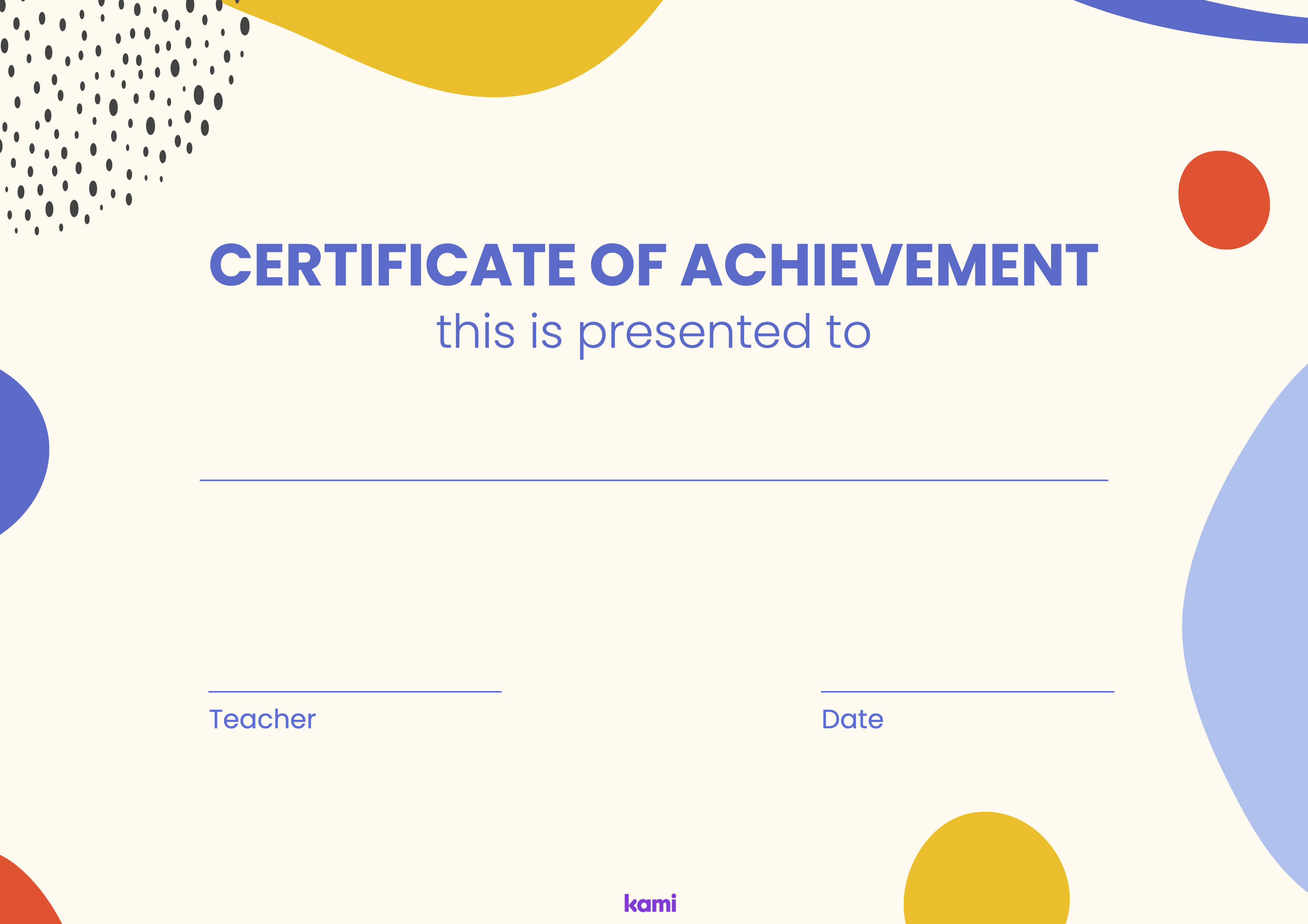 A certificate of achievement for all graders with a uppercase blobs theme