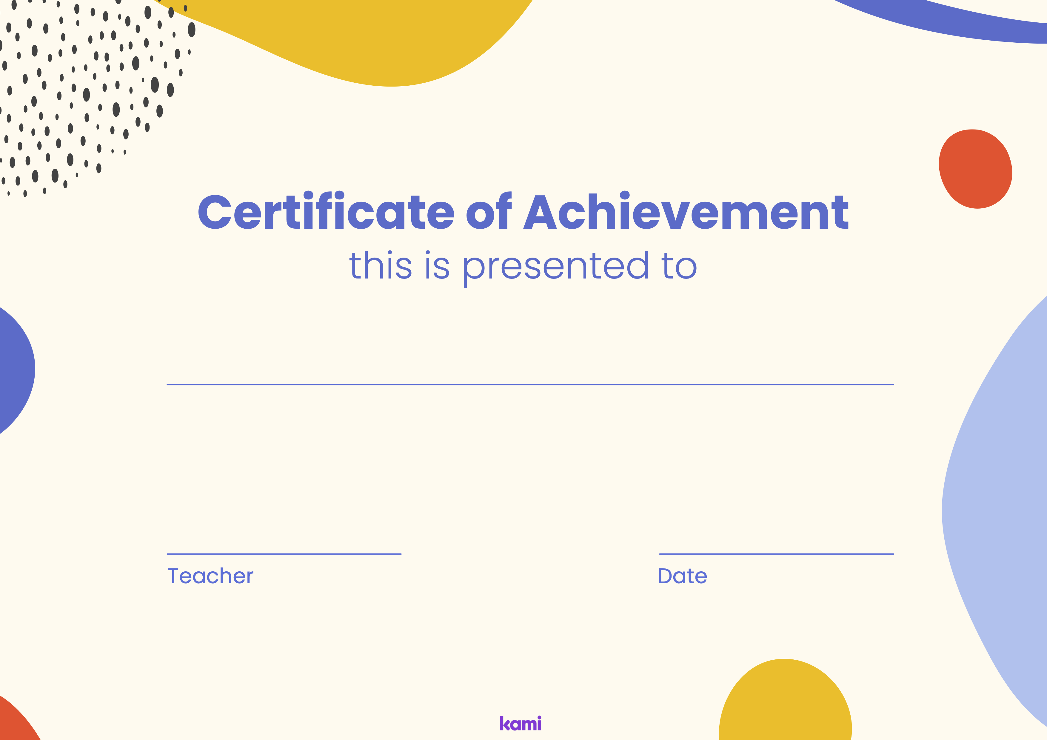 A certificate of achievement for all graders with a lower case blobs theme