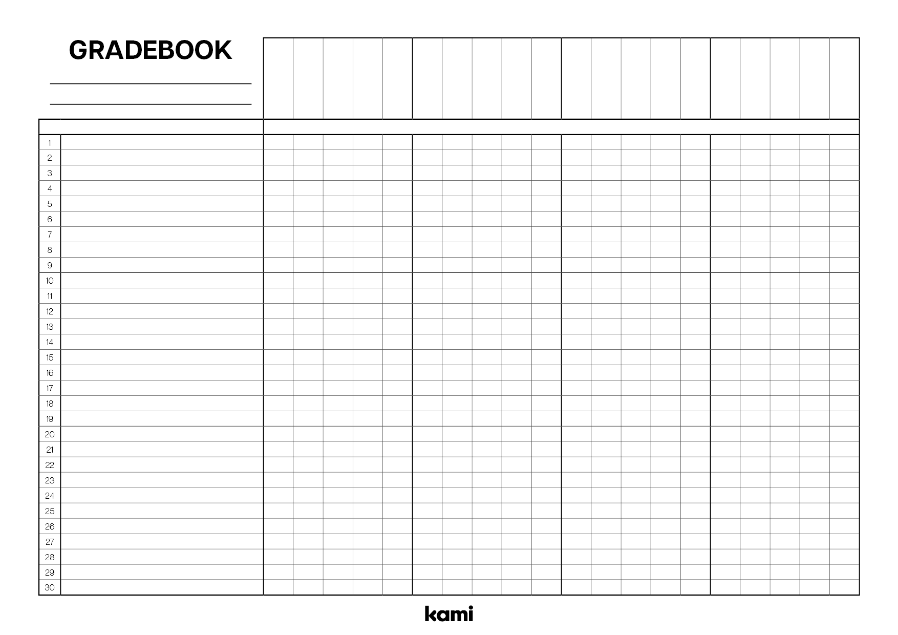 Gradebook 30 Lines | Colorful Blank for Teachers | Perfect for grades 10th, 11th, 12th, 1st, 2nd, 3rd, 4th, 5th, 6th, 7th, 8th, 9th, K, Pre K | Other Classroom Resources | Kami Library
