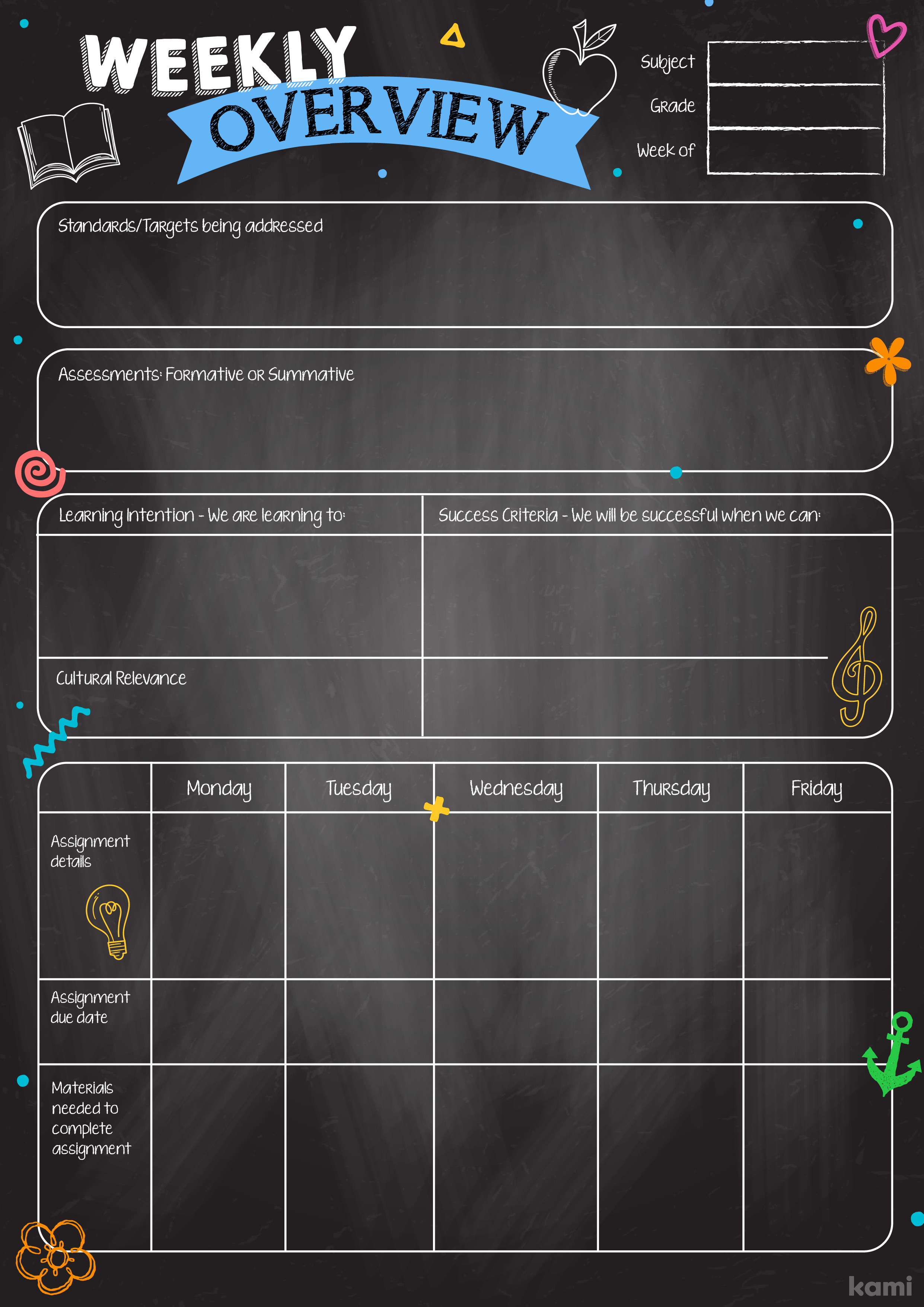 A Weekly Overview Lesson Plan for Teachers with a Black Chalkboard Theme