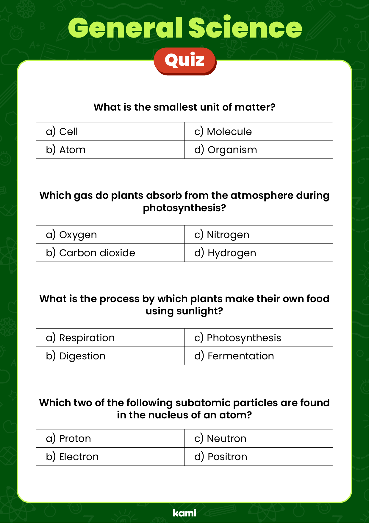 A quiz for general science with a two page design.