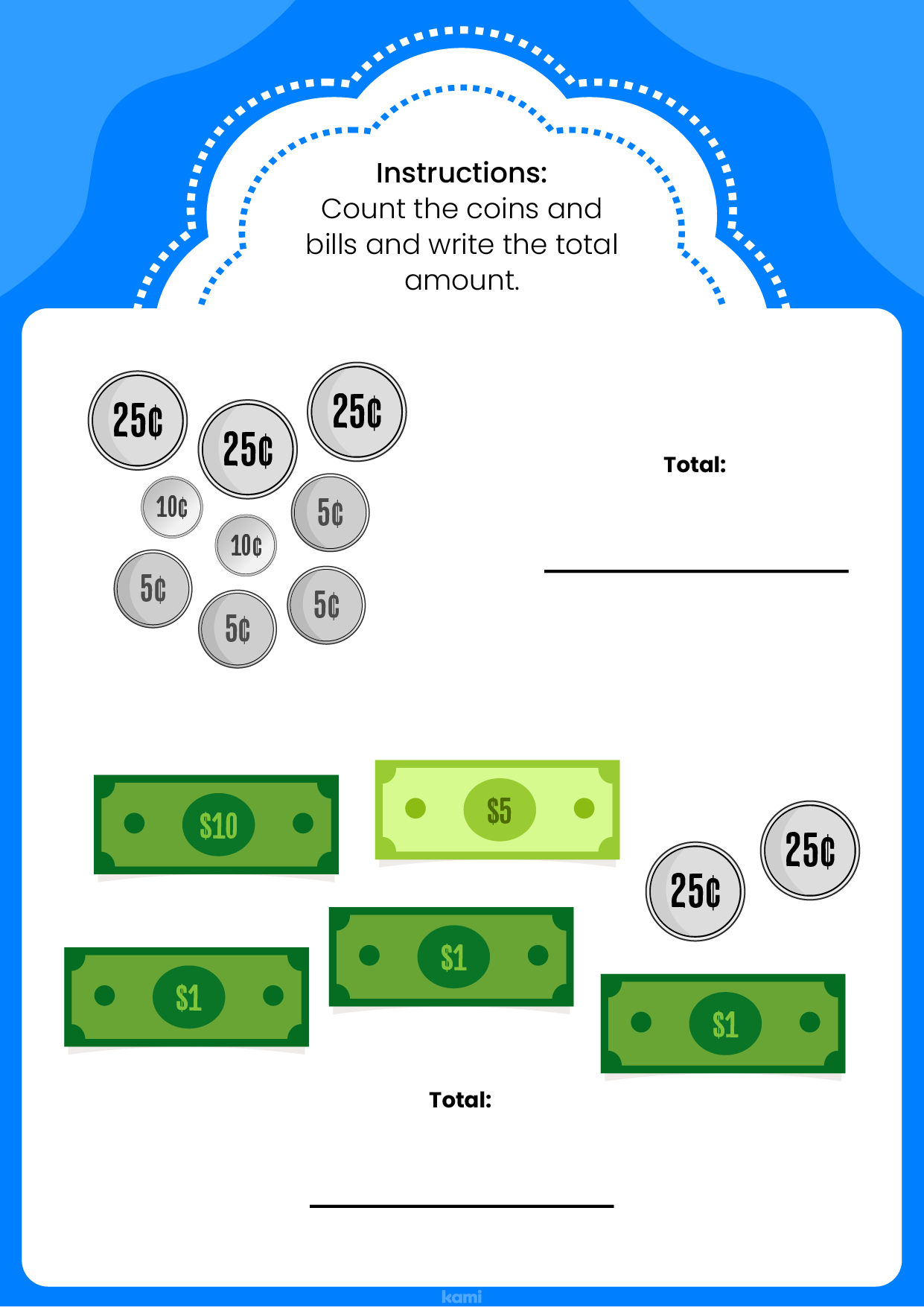 A worksheet for younger learners with a money counting exercise.