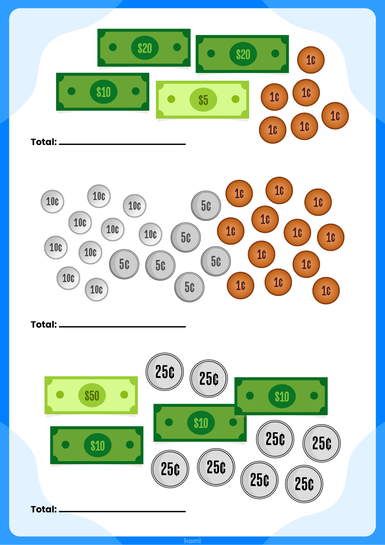 A worksheet for financial literacy  with a money counting exercise.