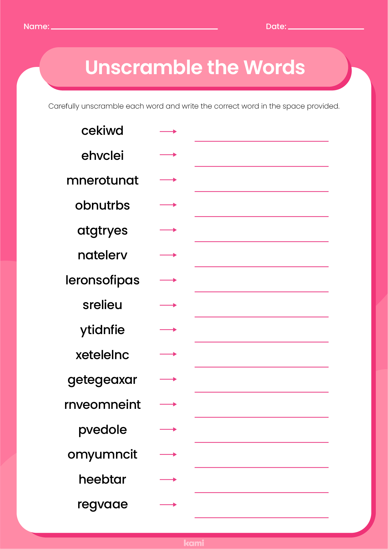 scrambled words worksheet