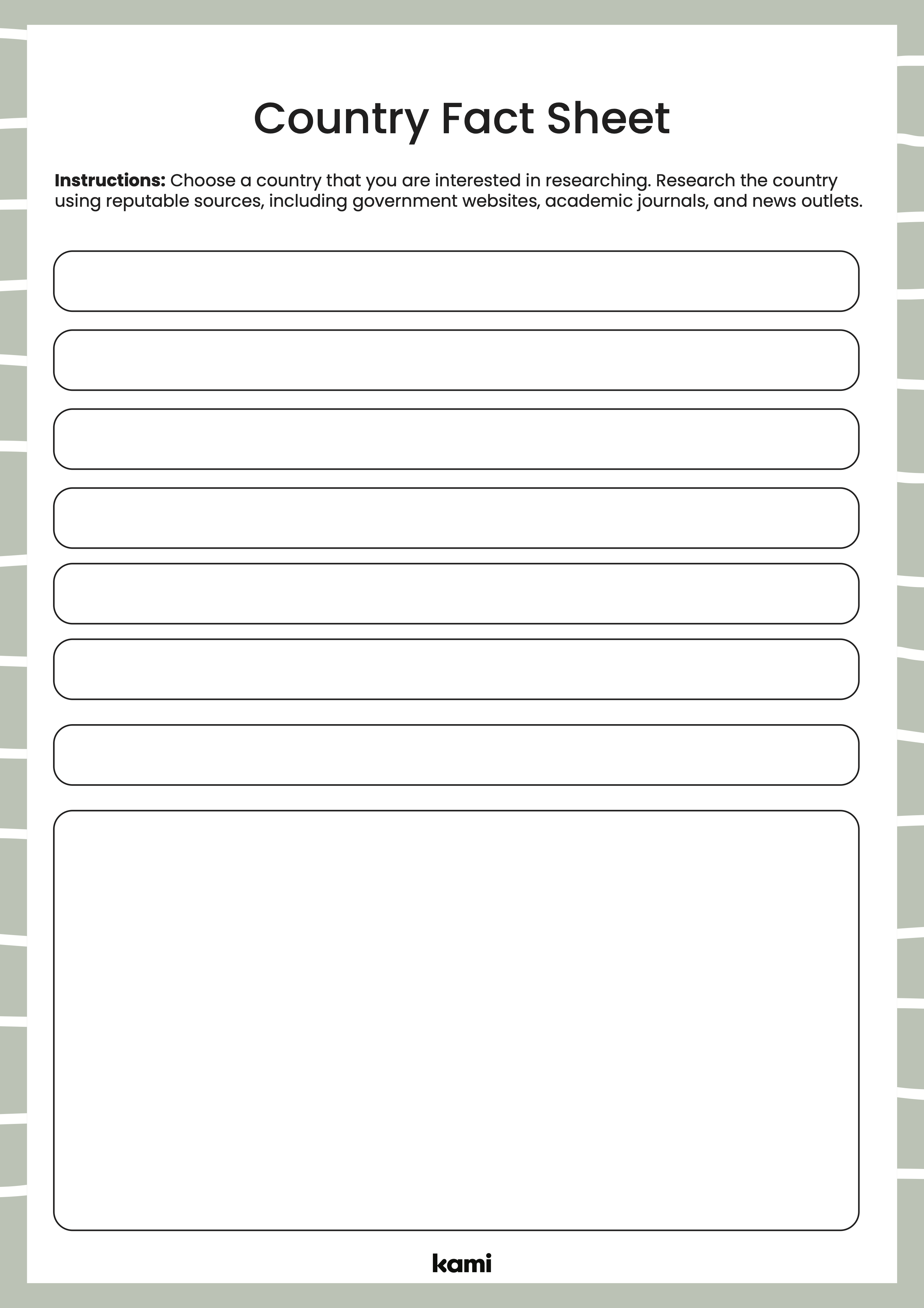 A country fact sheet for research projects with a blank design to create your own prompts.
