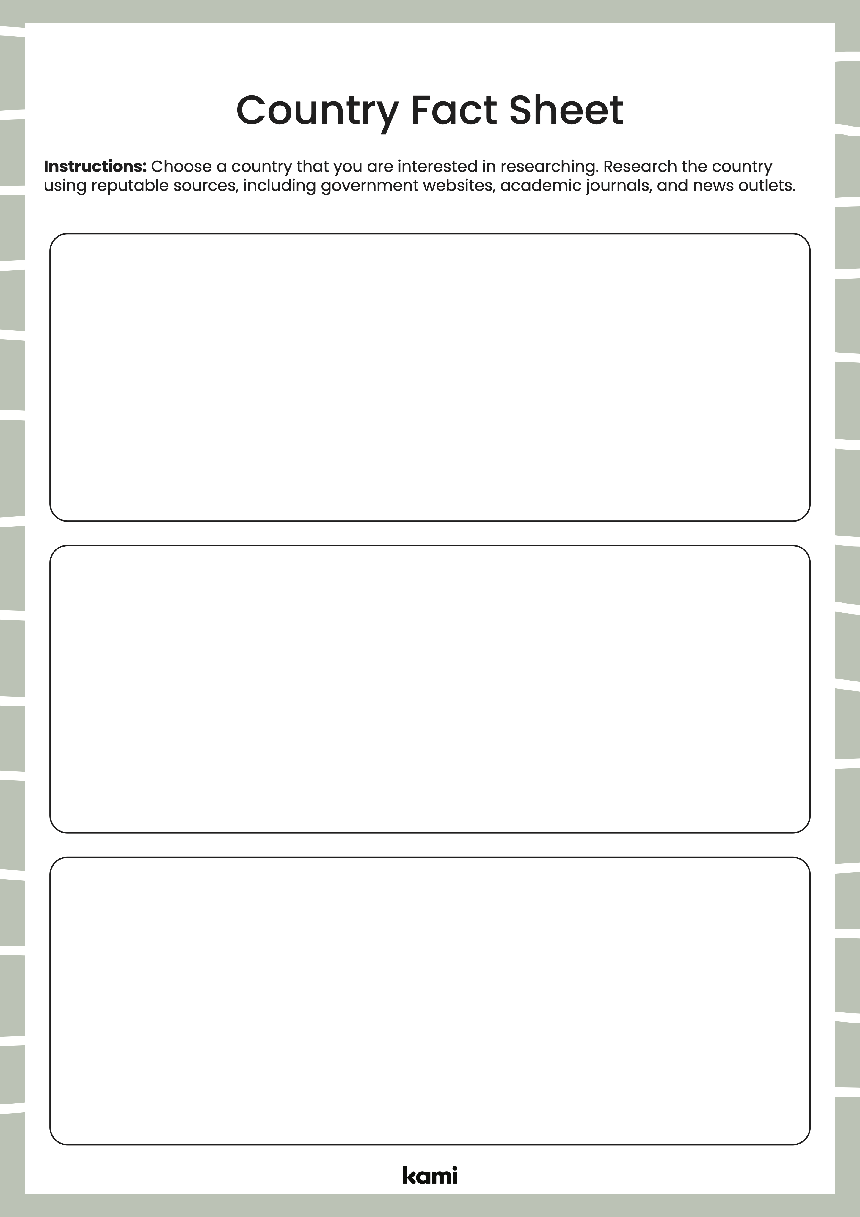 A country fact sheet for research projects with a blank design to create your own prompts.