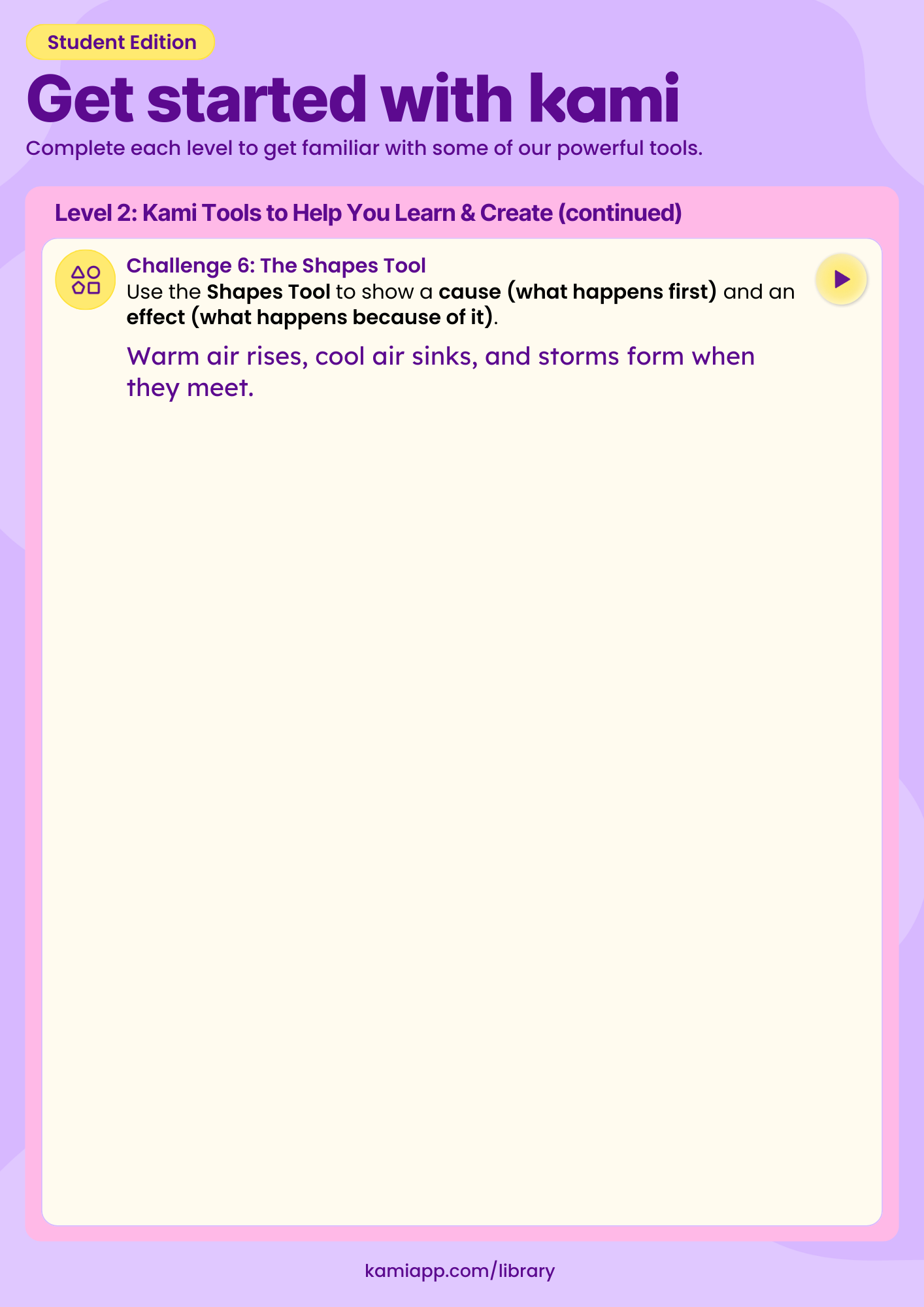 A worksheet continuing Level 2 with a Shapes Tool task where pupils illustrate cause and effect using warm air, cool air, and storm formation. Includes a large space to draw shapes.