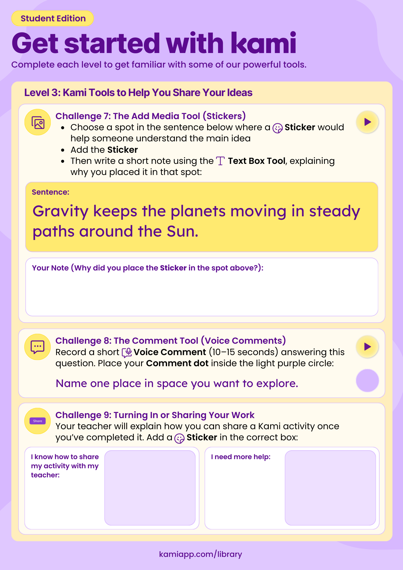 A Level 3 workflow page with tasks for adding a Sticker to highlight meaning, writing a note with the Text Box Tool, recording a Voice Comment about a place in space to explore, and choosing a sharing option with “I know how to share” or “I need more help” boxes.