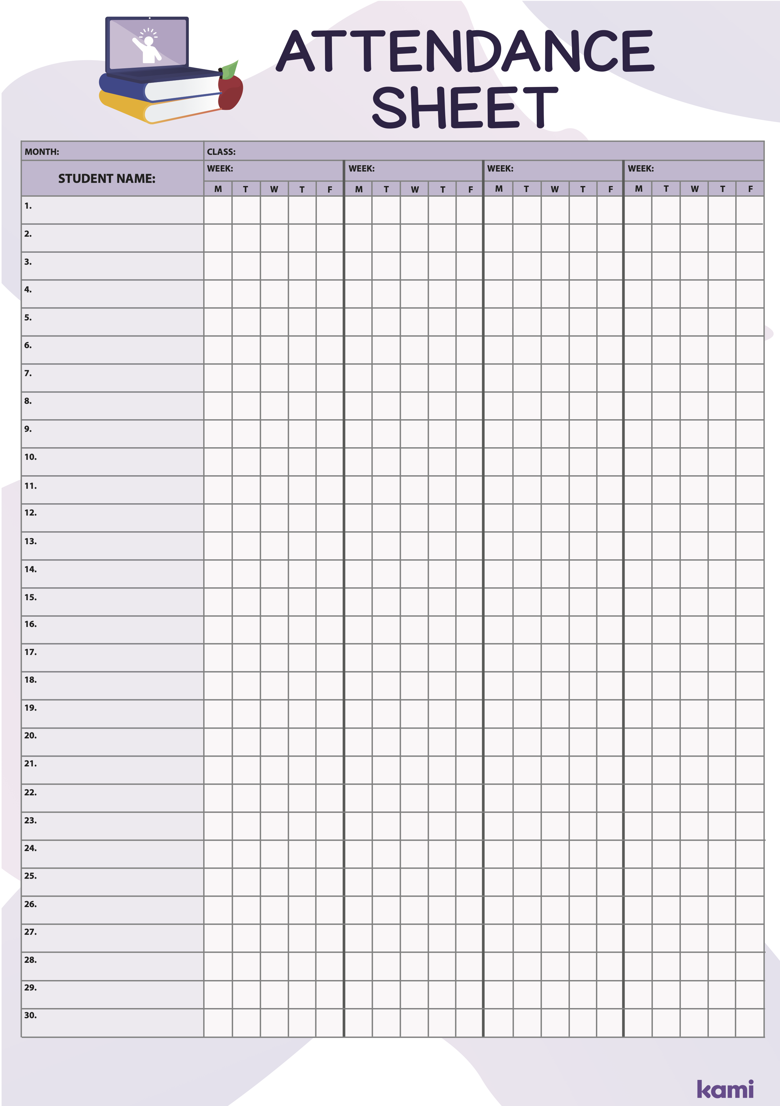 Attendance Sheet Purple For Teachers Perfect For Grades 10th 11th