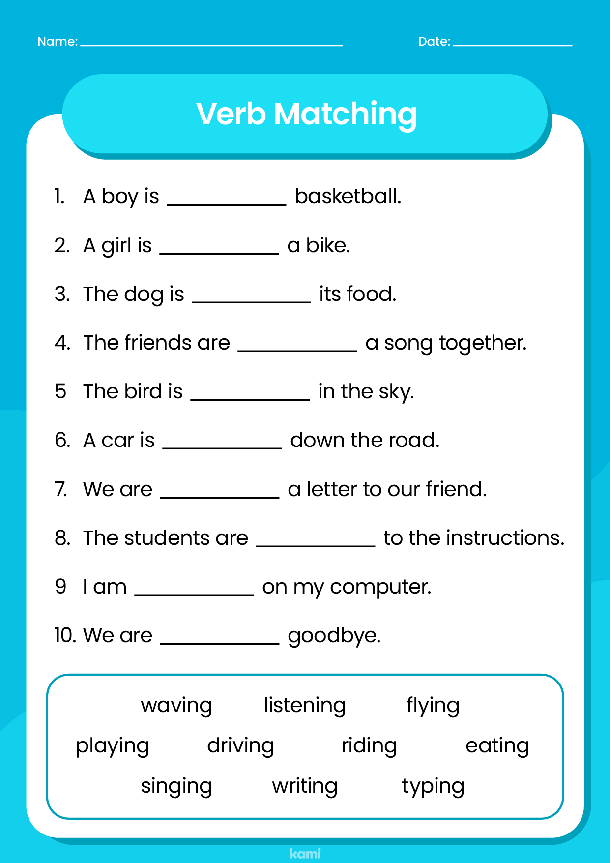 Verb Matching Worksheet for Teachers Perfect for grades 3rd, 4th, 5th