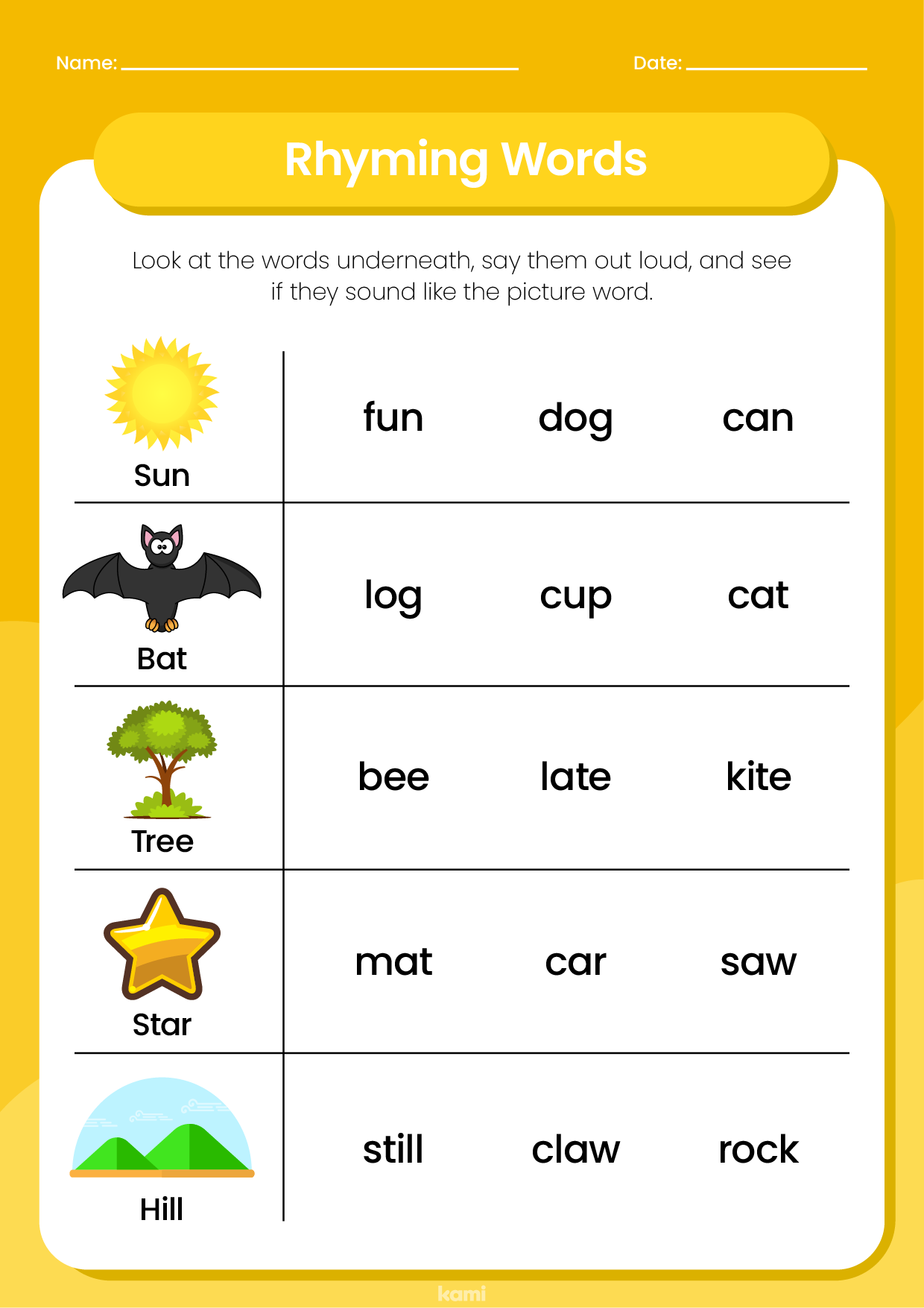 Rhyming Words Worksheet for Teachers Perfect for grades 1st, 2nd, 3rd