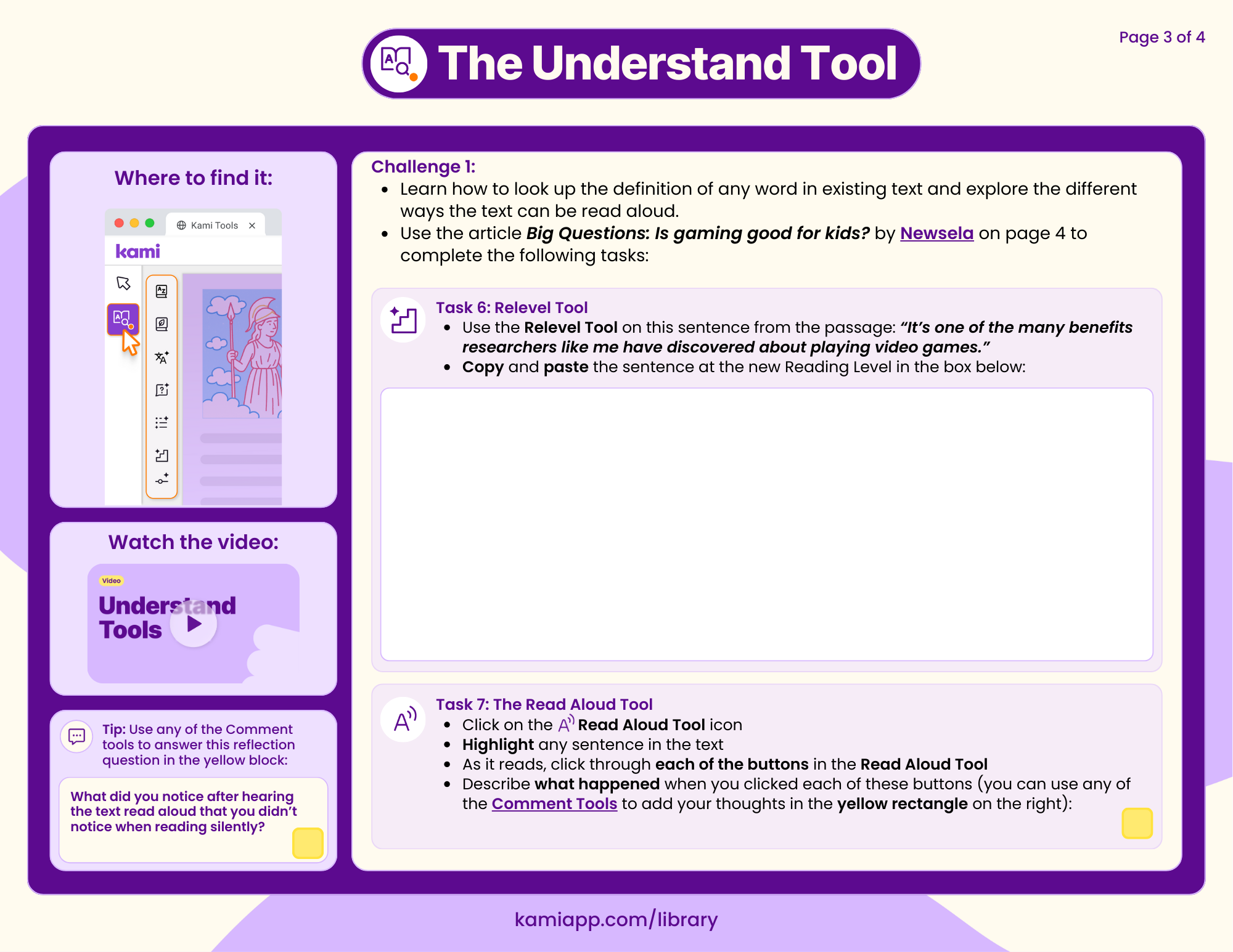 A worksheet with tasks to relevel a sentence and describe changes when using the Read Aloud Tool.