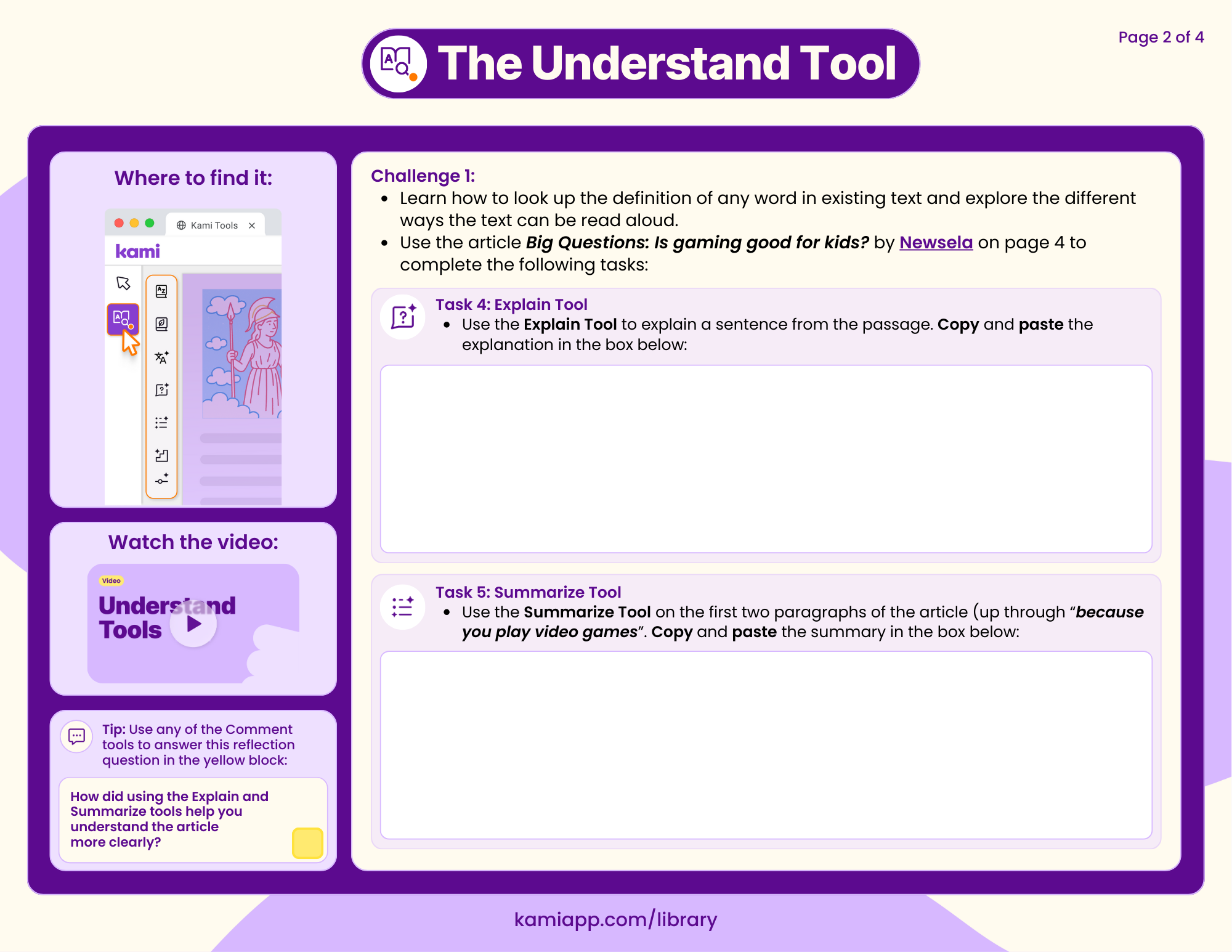 A worksheet with tasks to explain a sentence and summarize two paragraphs from a Newsela article, plus a reflection prompt.