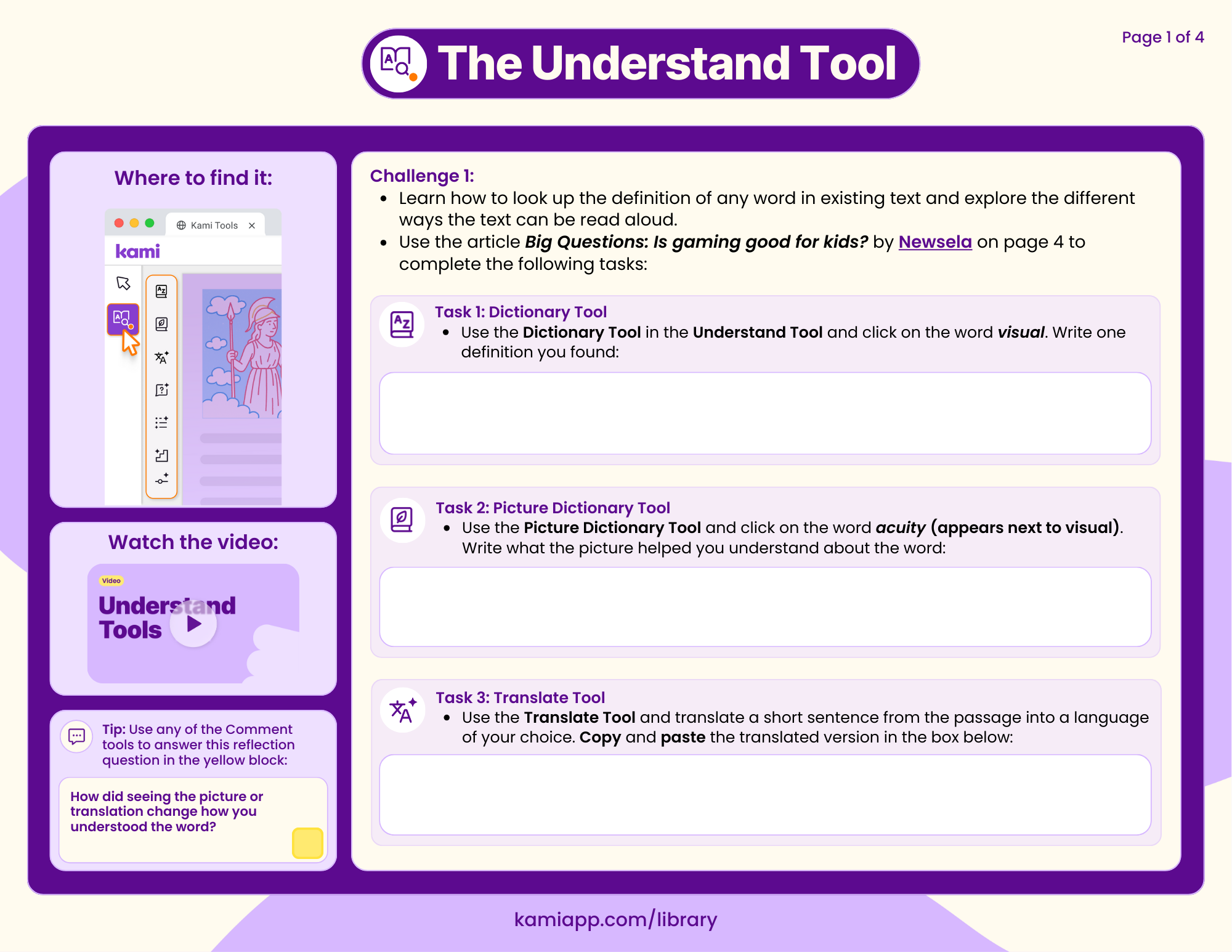 A worksheet with tasks to define the word “visual,” explore a picture dictionary example, and translate a sentence using the Understand Tool. 