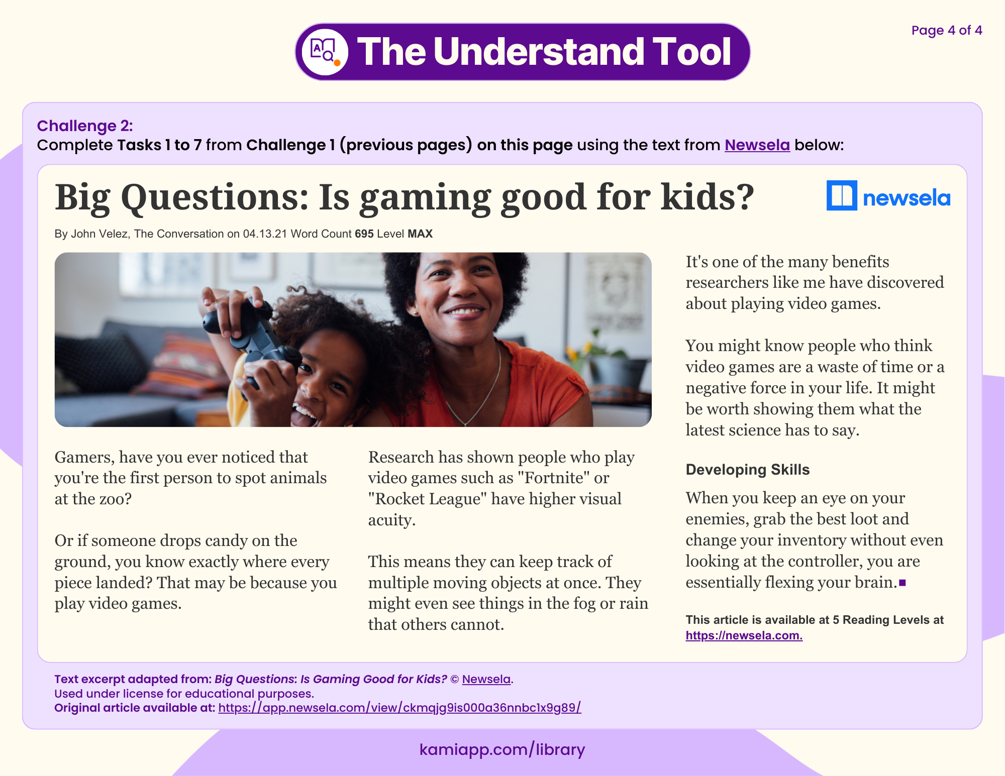A worksheet including an excerpt from a Newsela article about gaming, where students apply all tasks from previous pages.