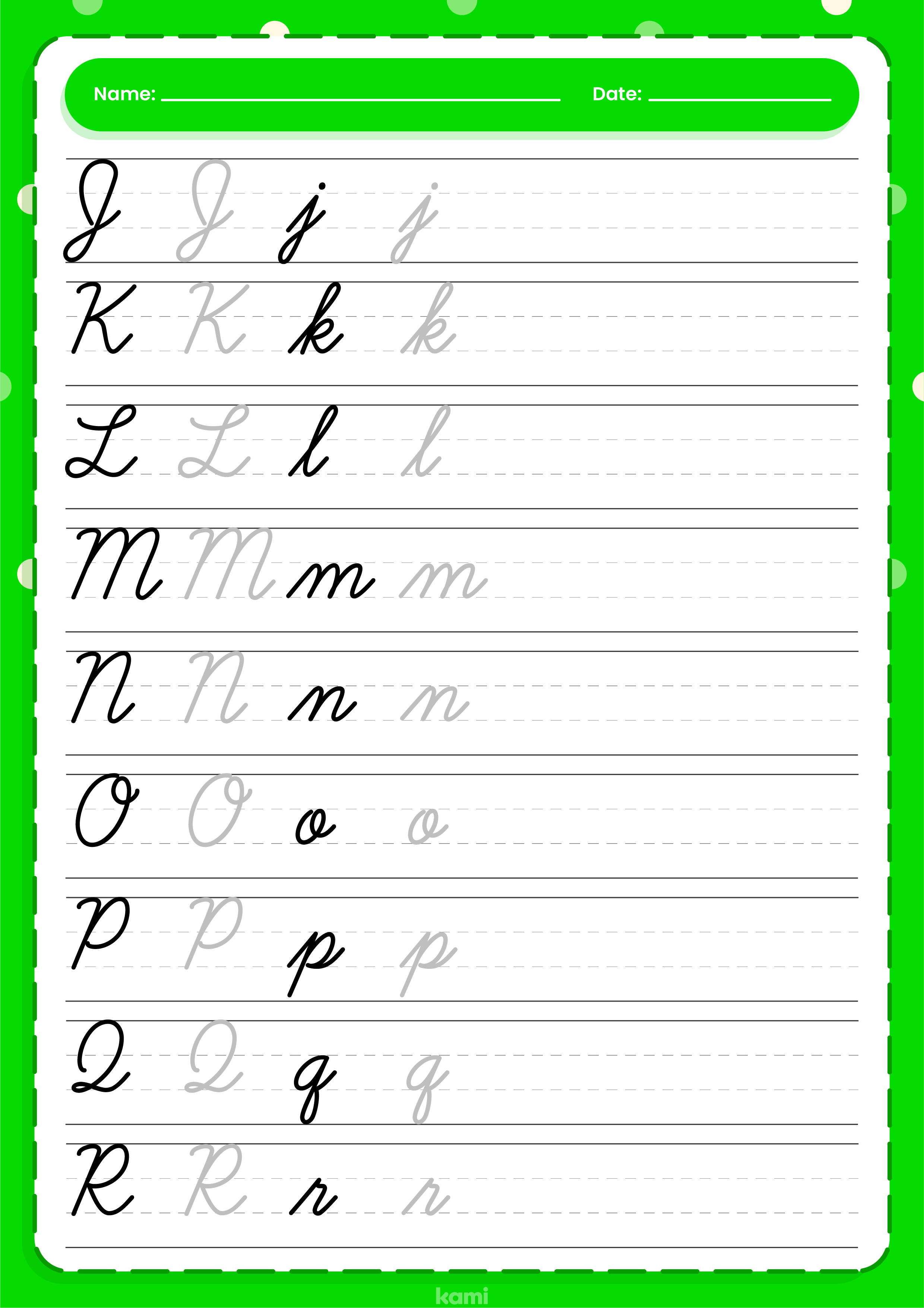 A handwriting worksheet for cursive writing practice with a upper and lowercase exercise.