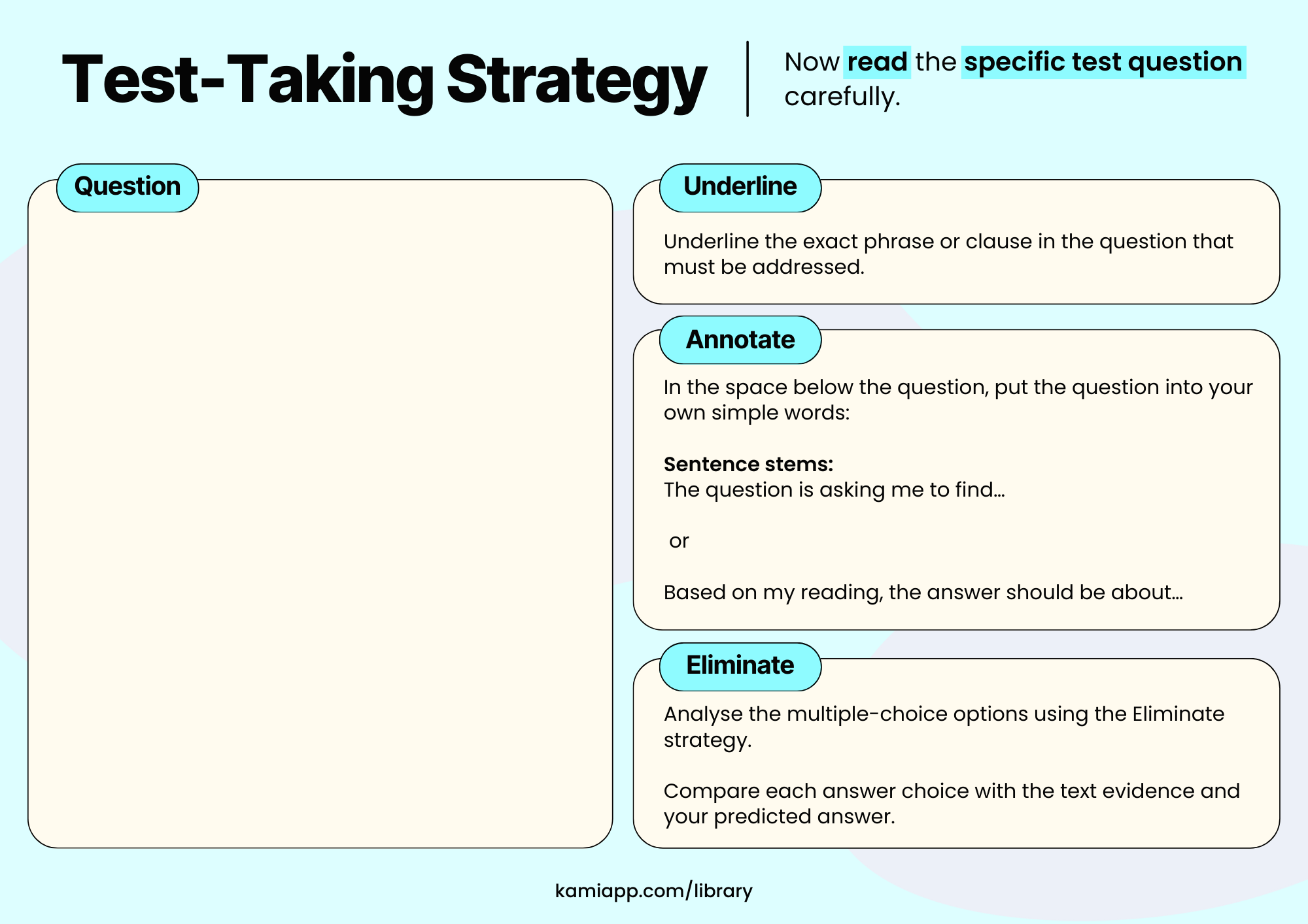 Two-page test-taking strategy worksheet showing how to underline key parts of a passage and question, annotate meaning, and eliminate incorrect answer choices.