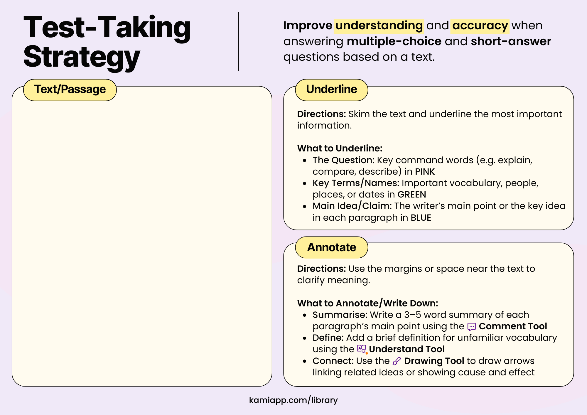 Two-page test-taking strategy worksheet showing how to underline key parts of a passage and question, annotate meaning, and eliminate incorrect answer choices.