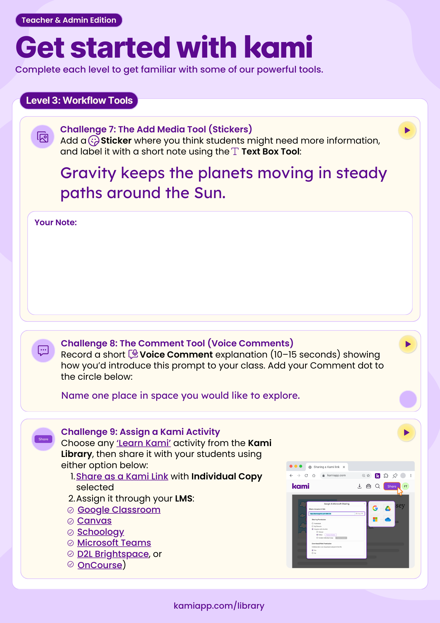 Level 3 workflow tasks demonstrating how to add Stickers, record Voice Comments, and assign Kami activities through an LMS, with a screenshot example and space for a written note. 