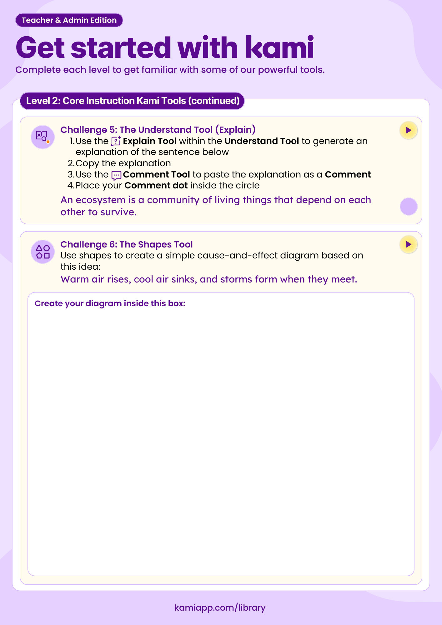 A continuation of Level 2 tasks featuring instructions for using the Explain Tool and creating a cause-and-effect diagram with shapes, with a large empty space for pupils’ diagrams.