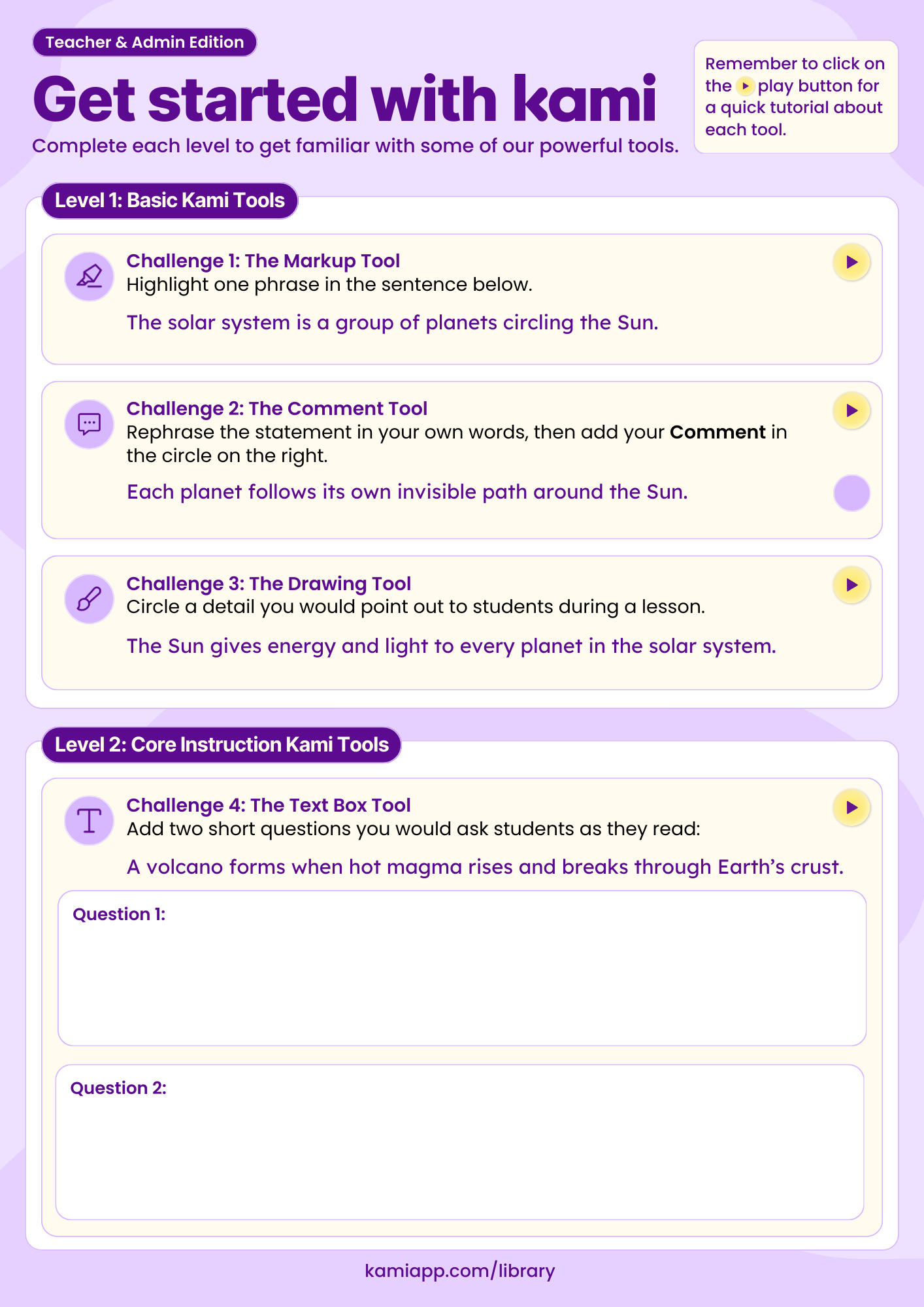 A worksheet titled “Get started with Kami,” showing Level 1 and Level 2 challenges that cover markup, comments, drawing, and text box tasks using short science sentences. Includes icons to play tutorial videos. 