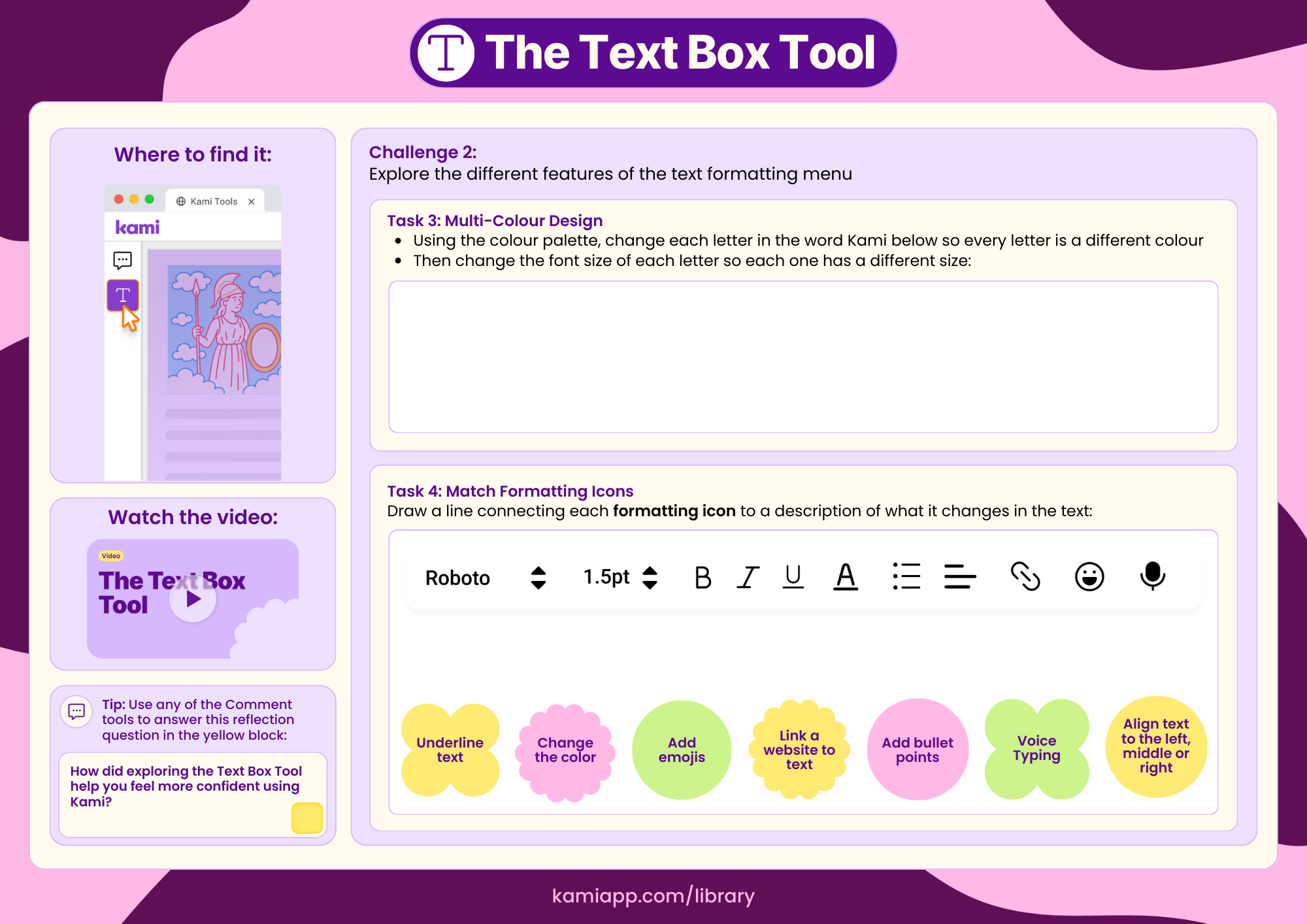 A worksheet for practising colour, font changes, and matching text formatting icons to their functions.