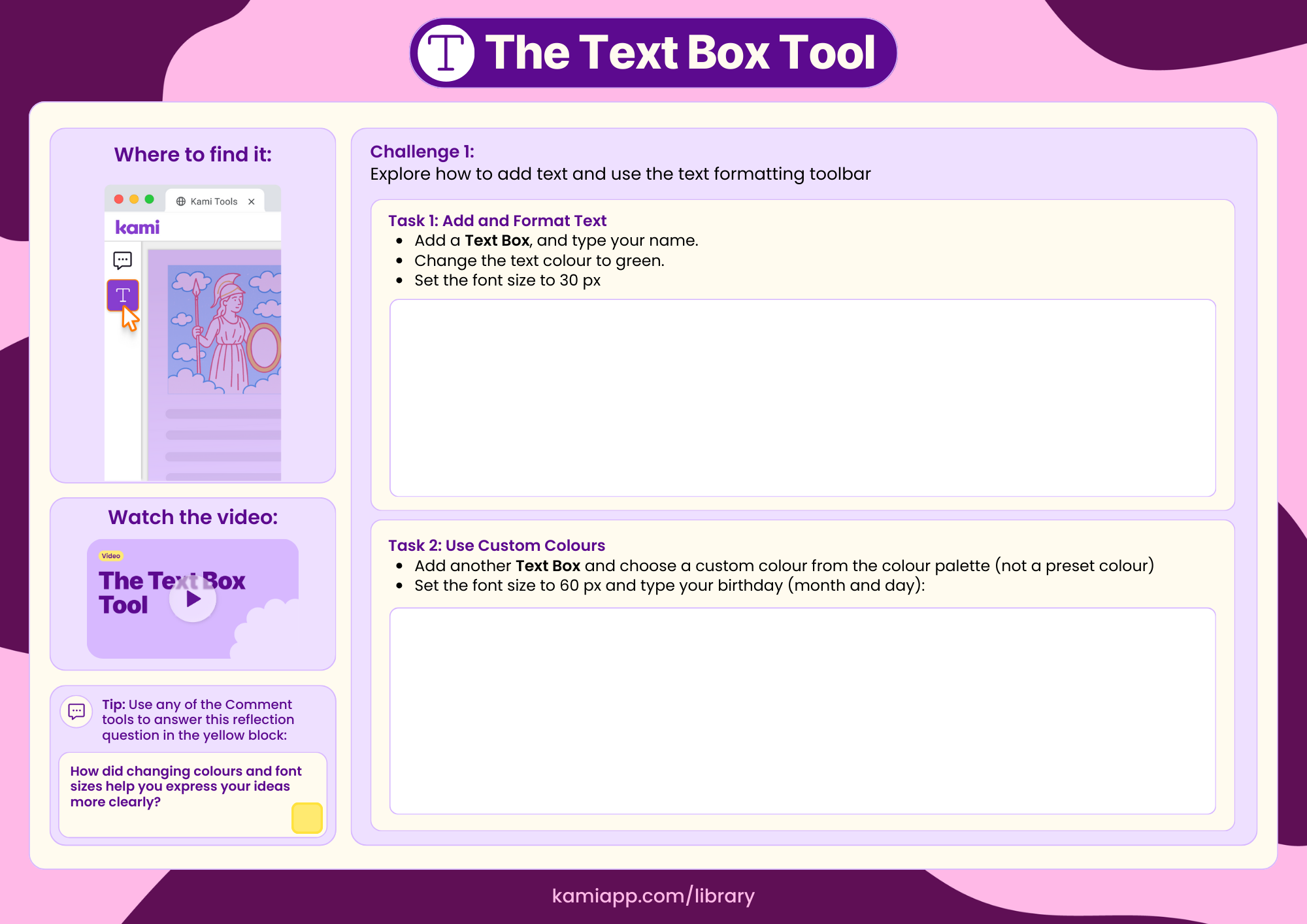 An instructional worksheet with activities to add and format text using the Text Box Tool, plus a short reflection prompt.