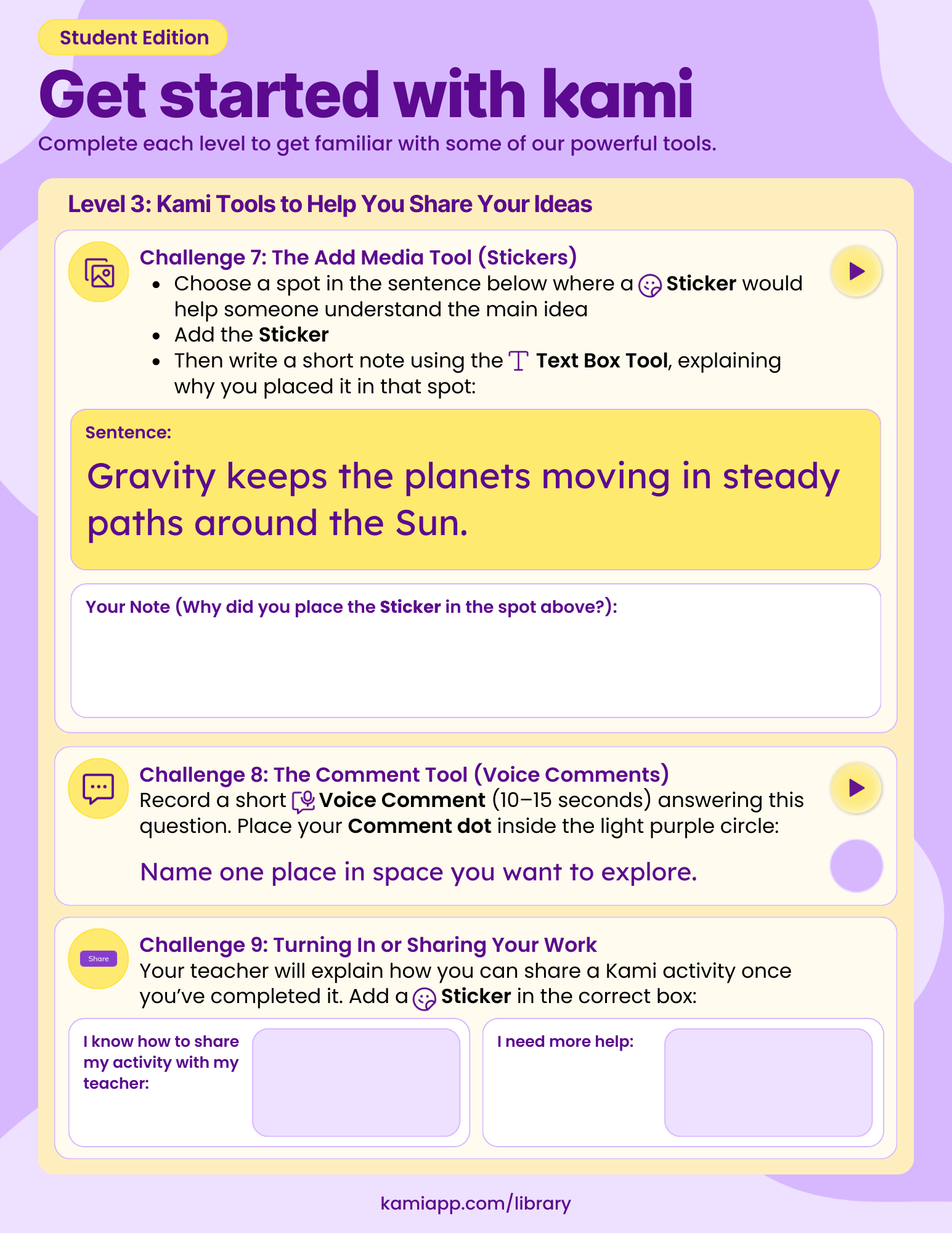 A Level 3 workflow page featuring challenges for adding a Sticker to a science sentence, adding a note with the Text Box Tool, recording a Voice Comment about space exploration, and selecting how to share an activity with a teacher. Includes two boxes: “I know how to share” and “I need more help.” 