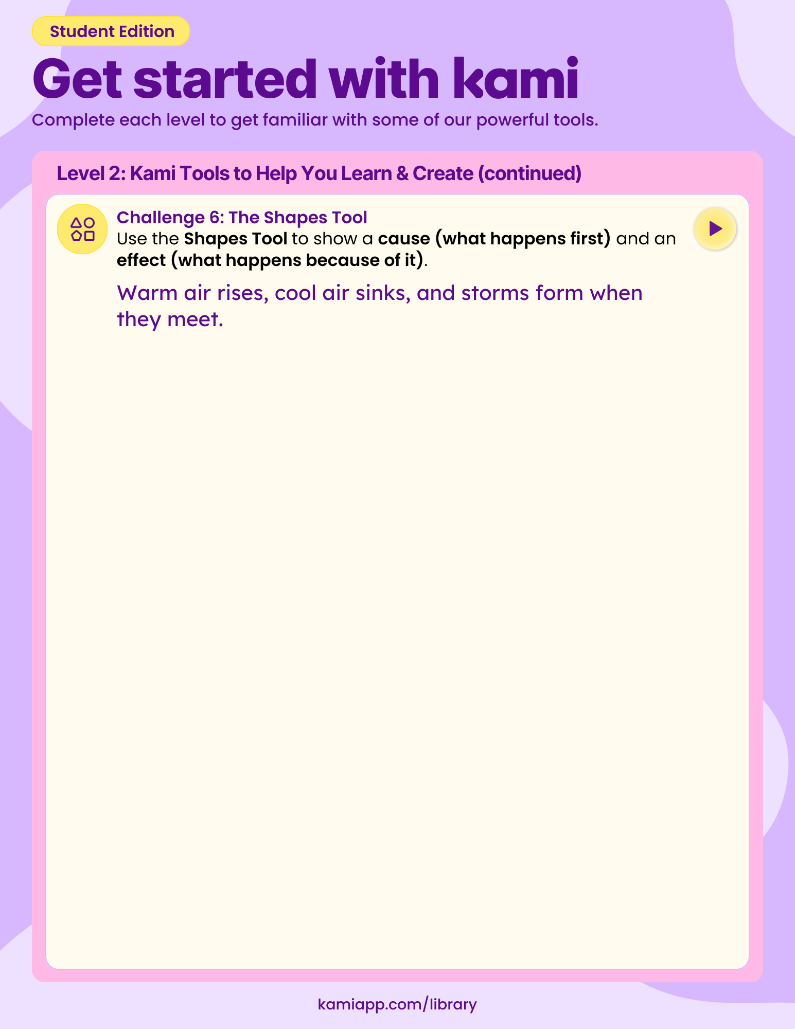 A worksheet continuing Level 2 with a Shapes Tool challenge where students create a cause-and-effect diagram about warm air rising, cool air sinking, and storms forming. Large blank workspace provided.