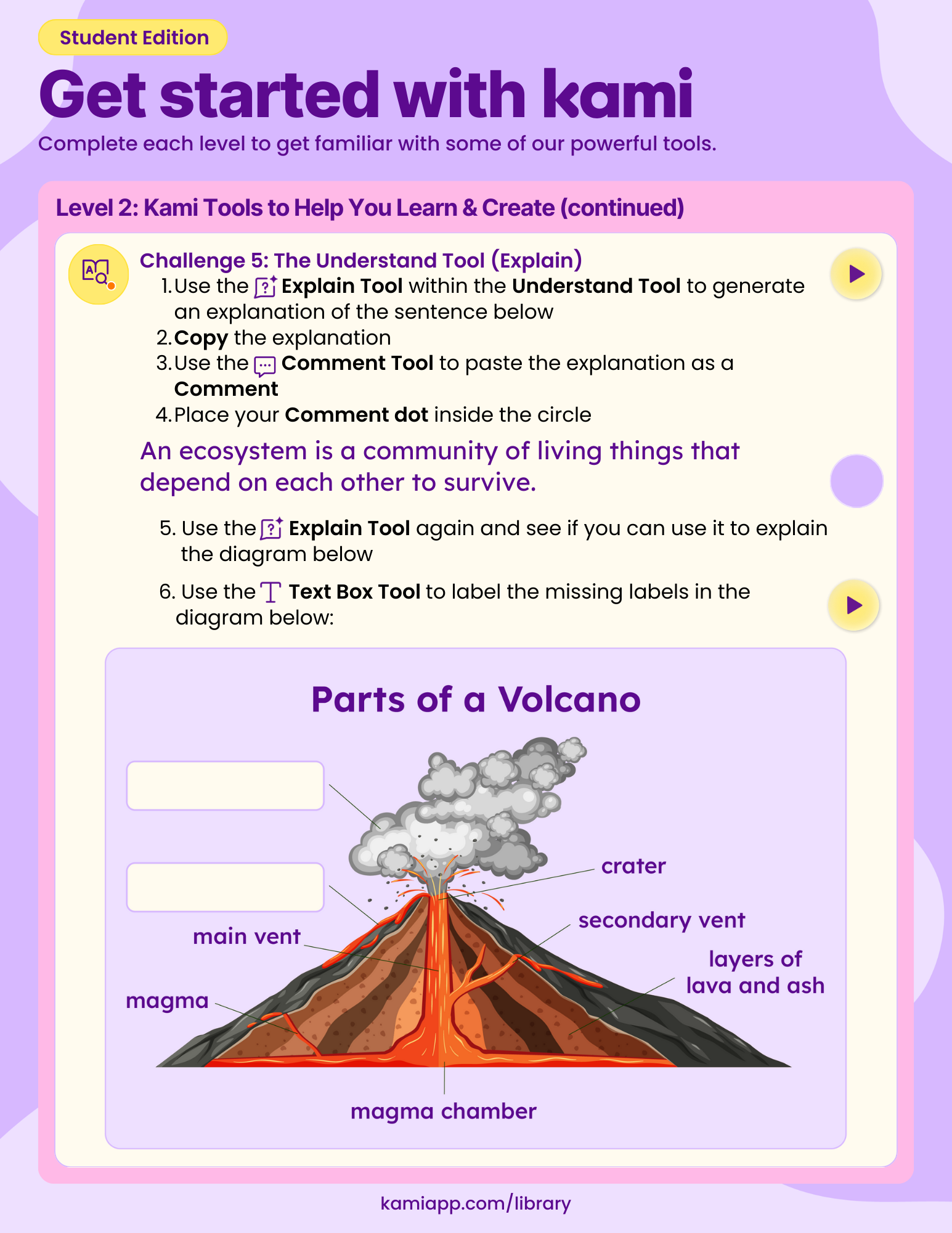 A worksheet with Level 2 challenges including the Explain tool, explaining a diagram, and labeling parts of a volcano with the Text Box Tool. Includes a diagram of a volcano with labels such as crater, main vent, magma chamber.