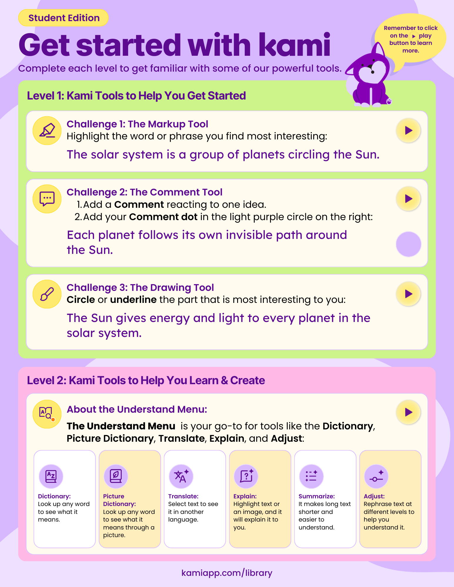 A worksheet titled “Get started with Kami—Student Edition,” showing Level 1 challenges for markup, comments, and drawing using sentences about the solar system. Includes icons for tutorial videos and an overview of Understand Menu tools.