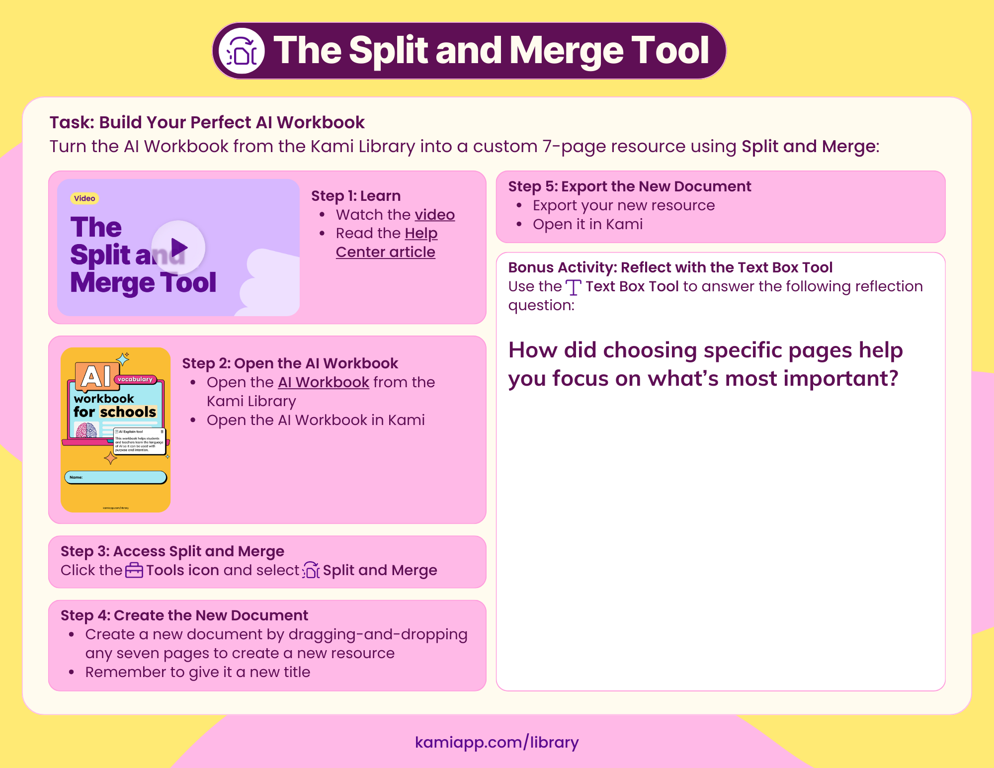 Instructional template demonstrating how to split pages and merge multiple files into a single document using Kami.