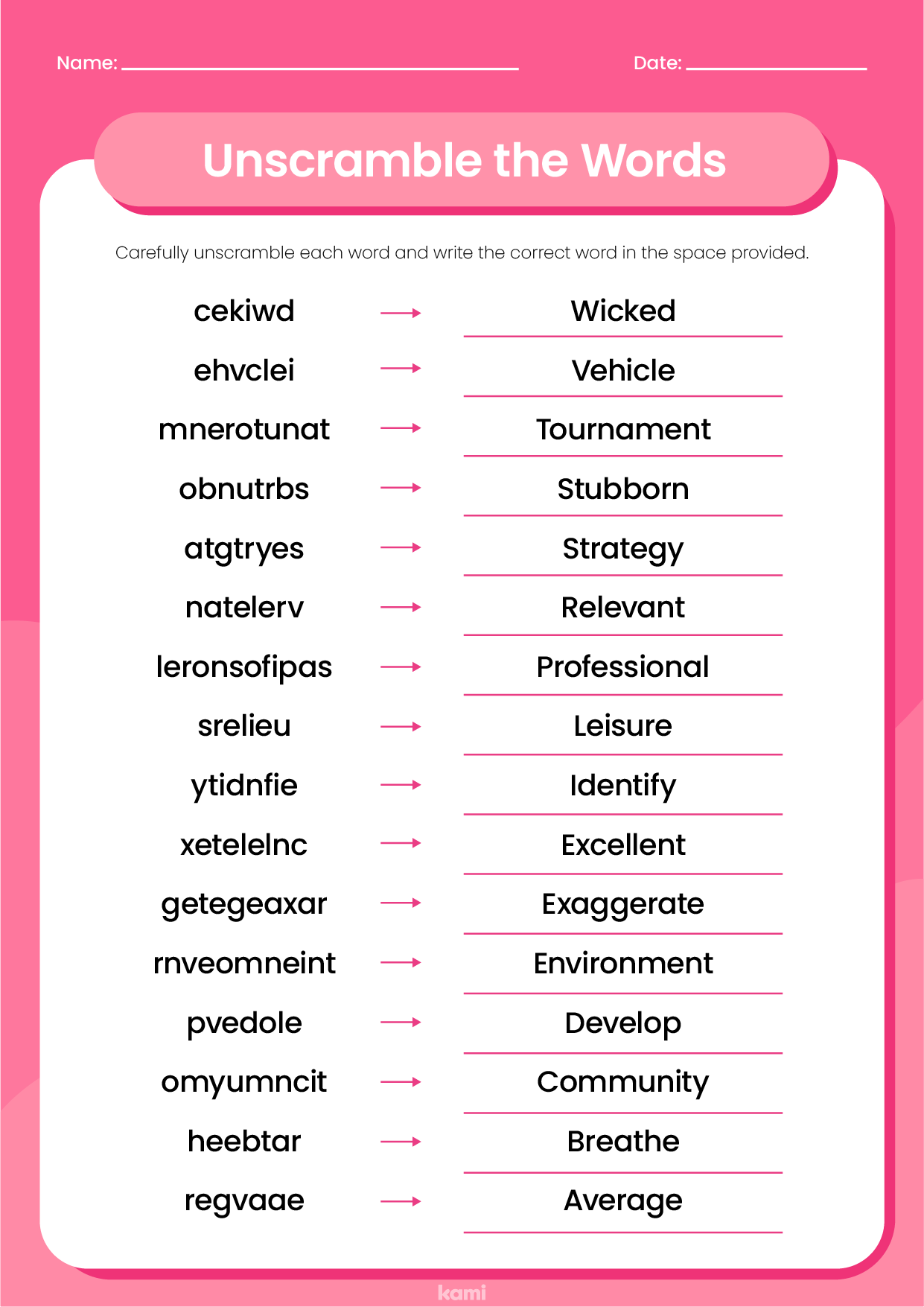 Unscramble The Words Worksheet Answer Key For Teachers Perfect For Grades 3rd 4th 5th 6th 