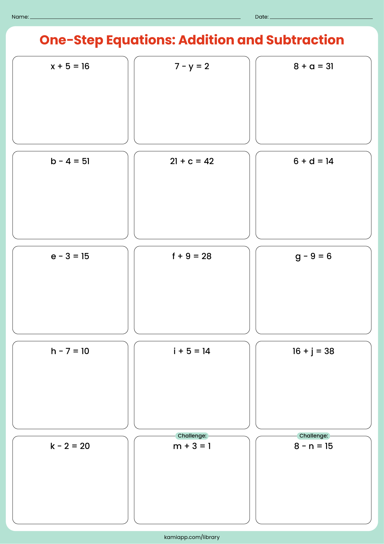 Solving equations using addition and subtraction worksheet